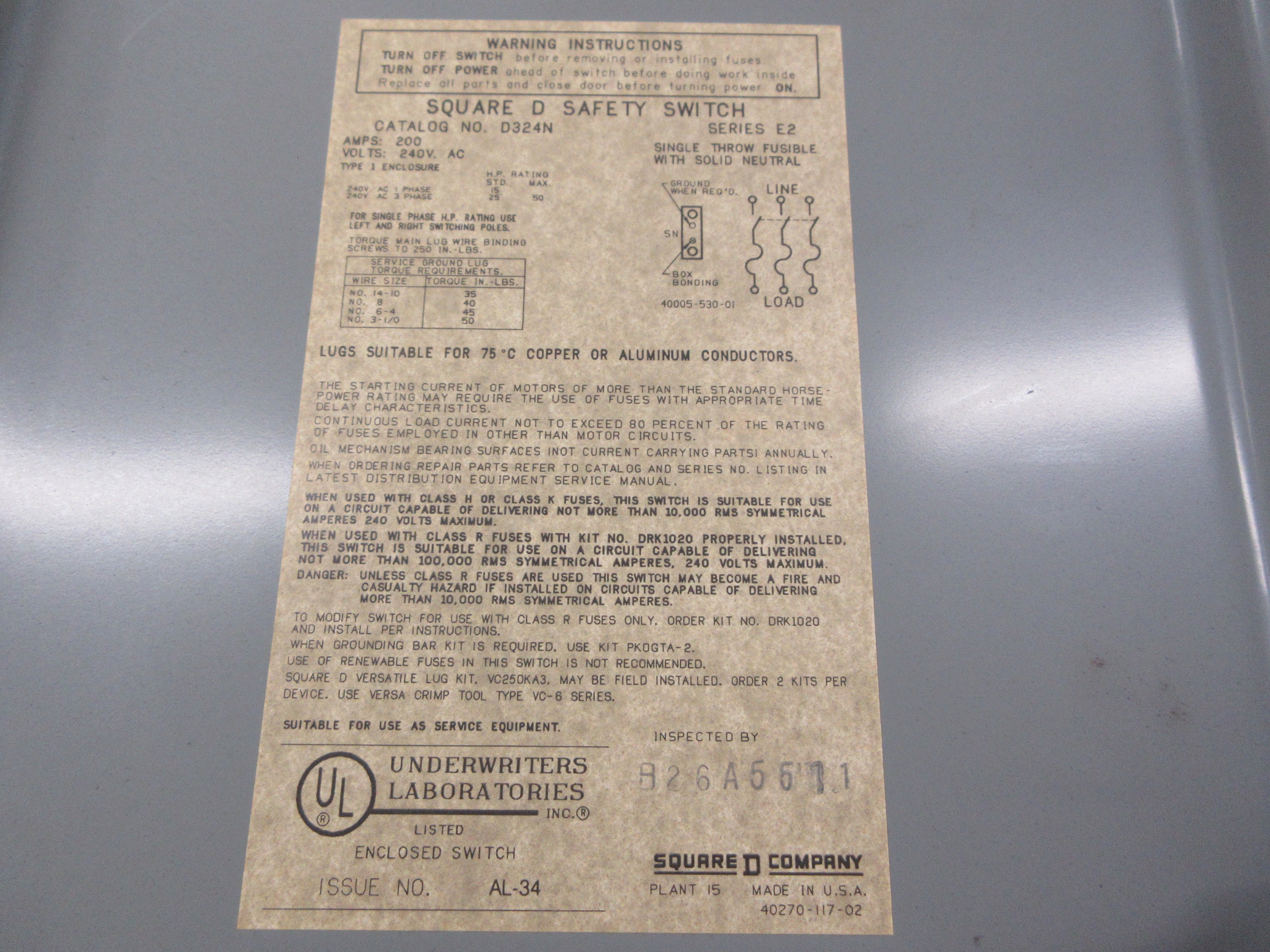 Square D Fusible Safety Switch/Disconnect D324N Ser. E2 200A 600V 3P Used