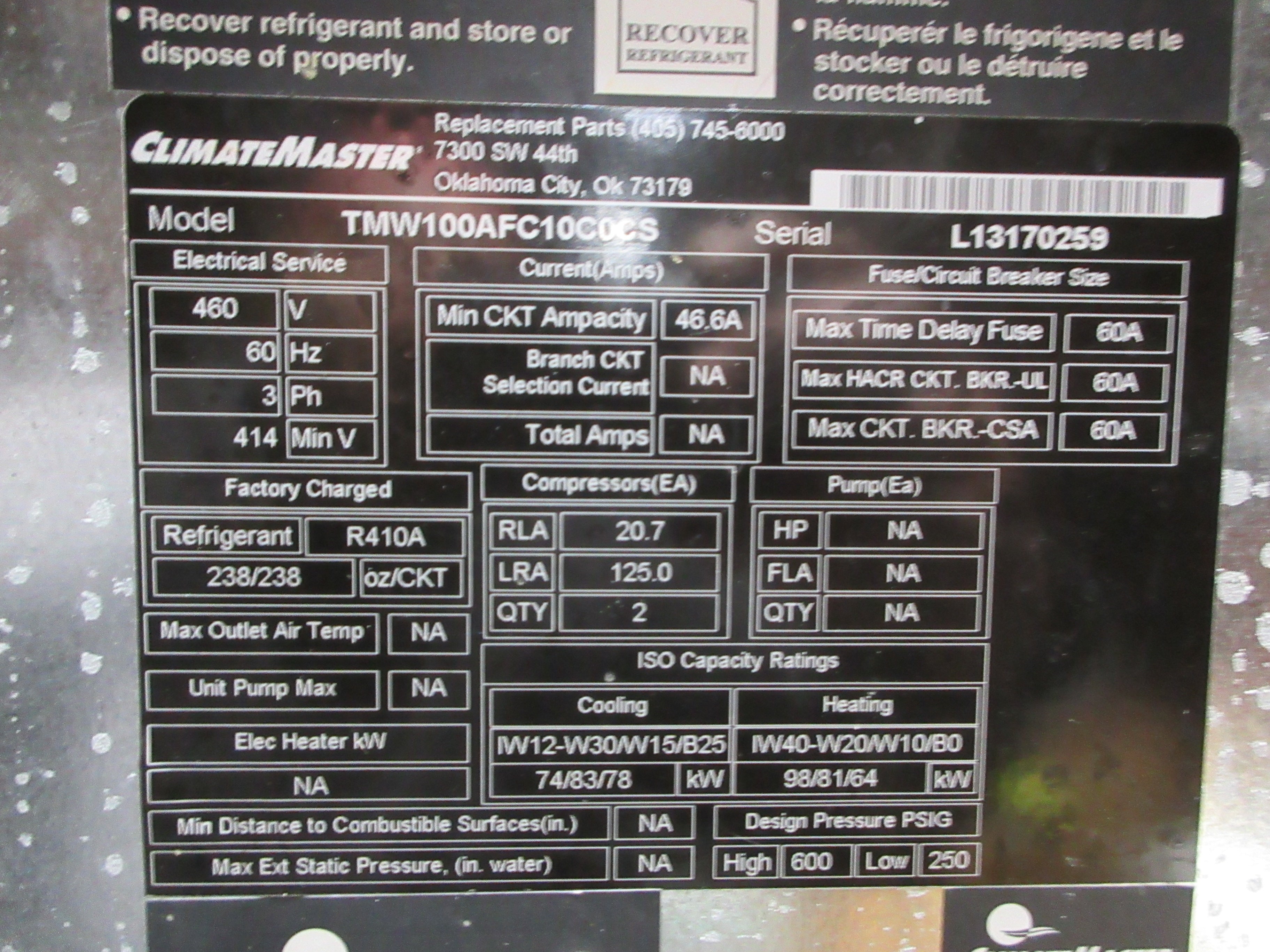 ClimateMaster Tranquility Water-to-Water Heat pump TMW100AFC10C0CS 8-ton Used