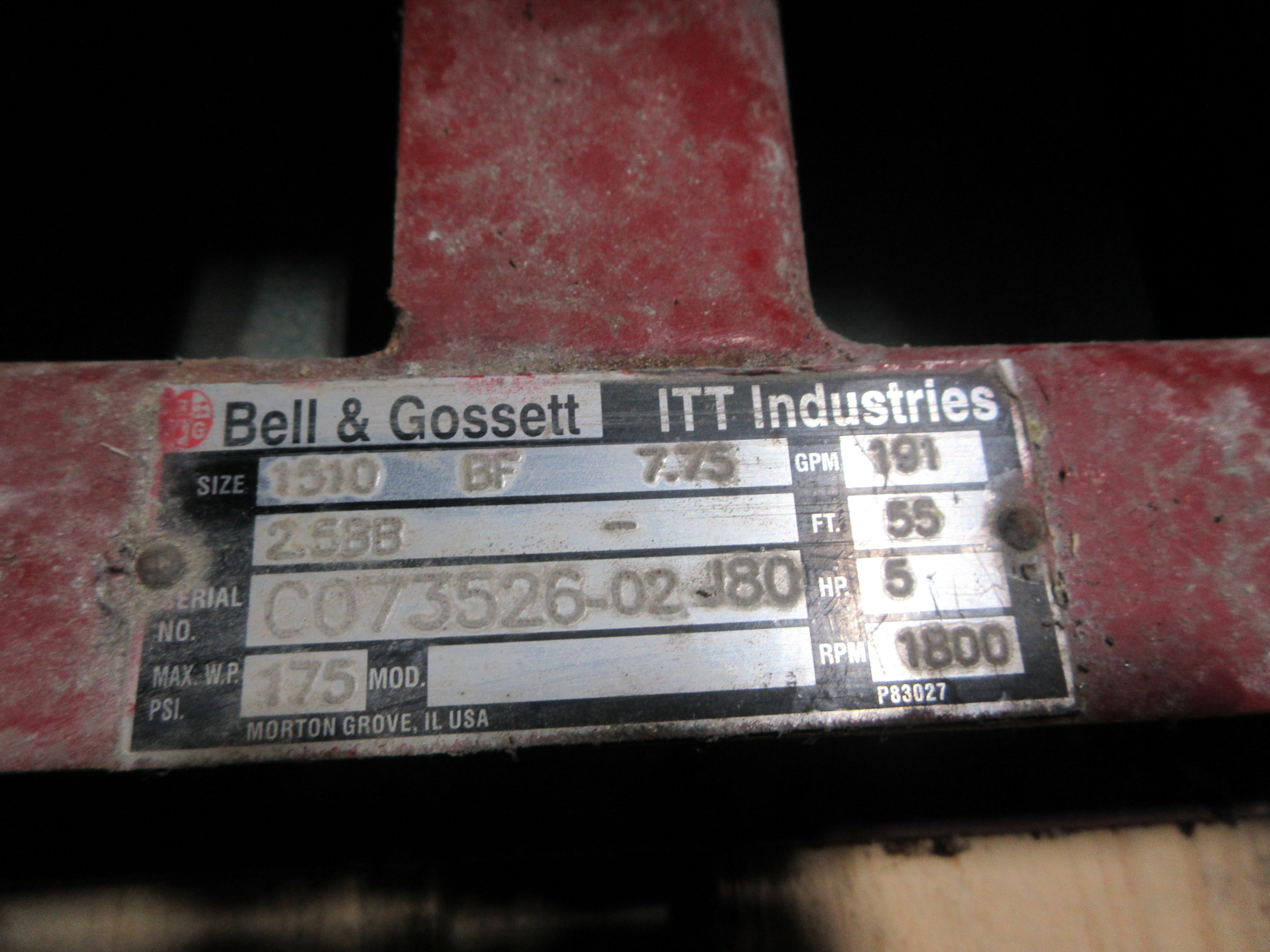 Bell & Gossett Pump 1510 BF 7.75 2.5BB 5HP 1800RPM 55 FT Head 191 GPM Used