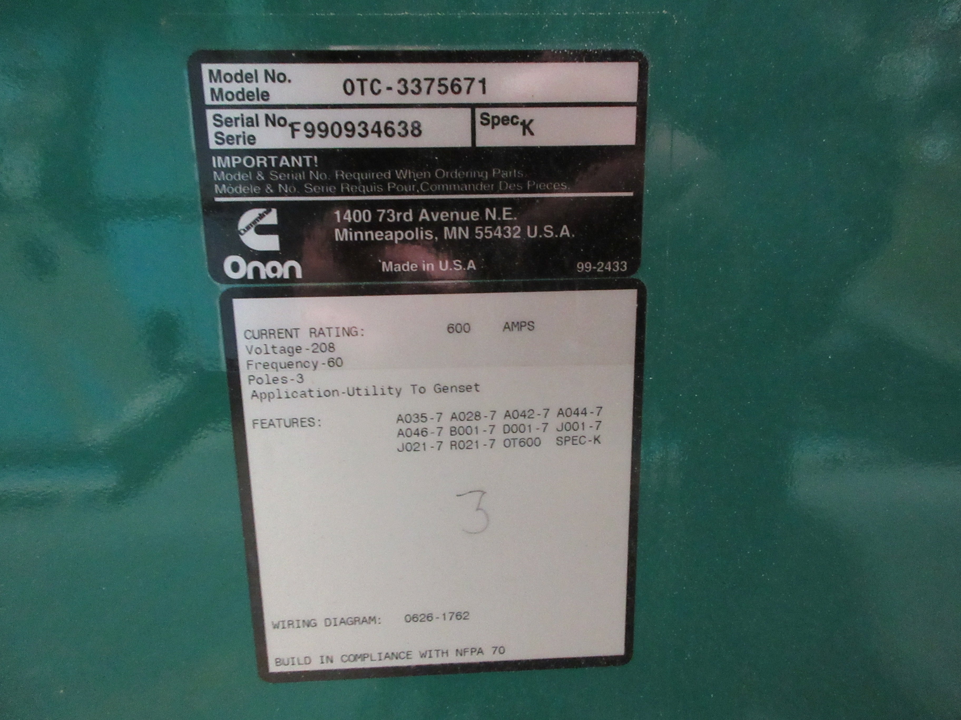 Cummins Onan Automatic Transfer Switch OTC-3375671 600A 208V 60Hz 3P Used