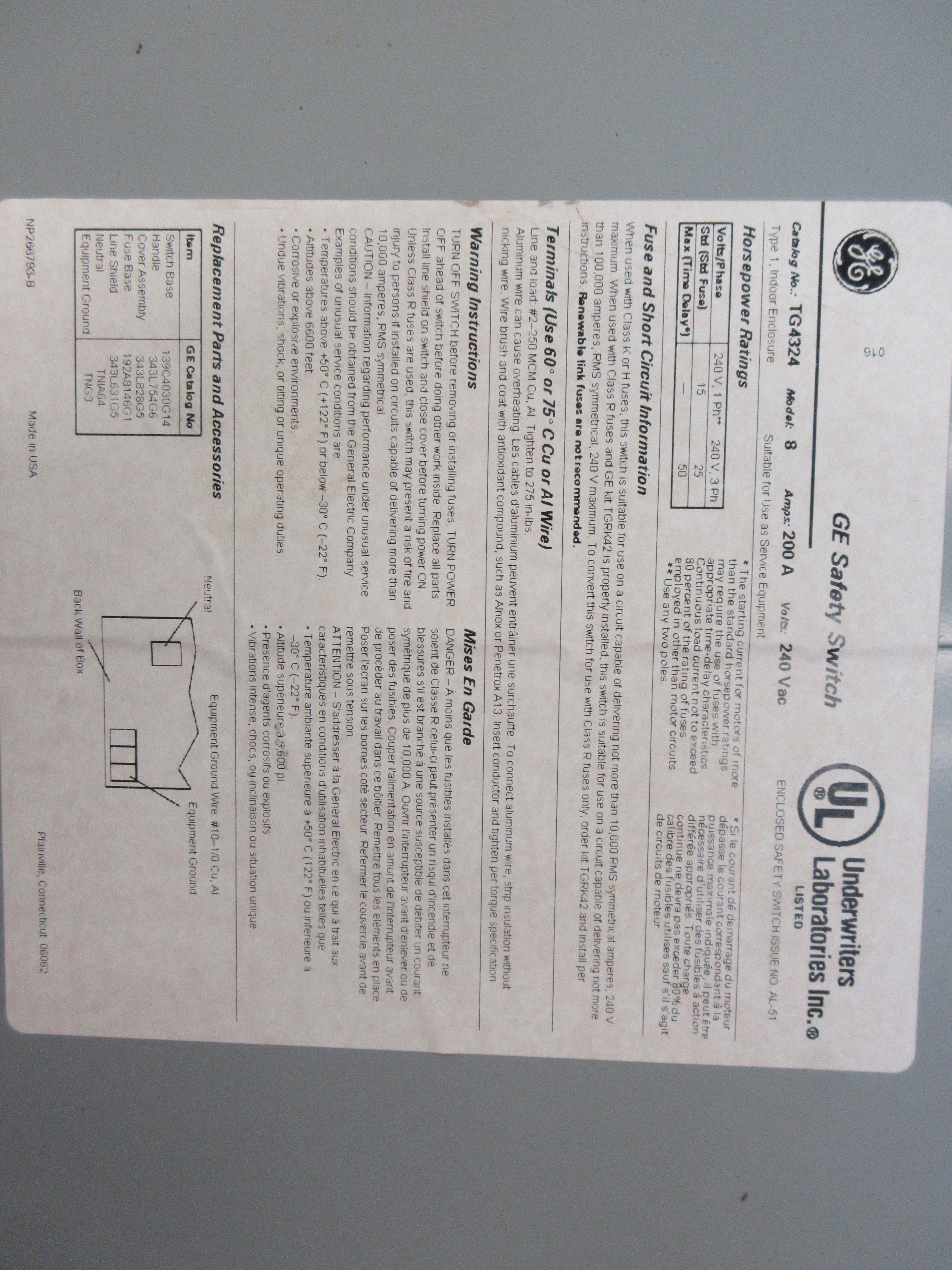 GE Fusible Safety Switch/Disconnect TG4324 Mod. 8 200A 240V 3P Used