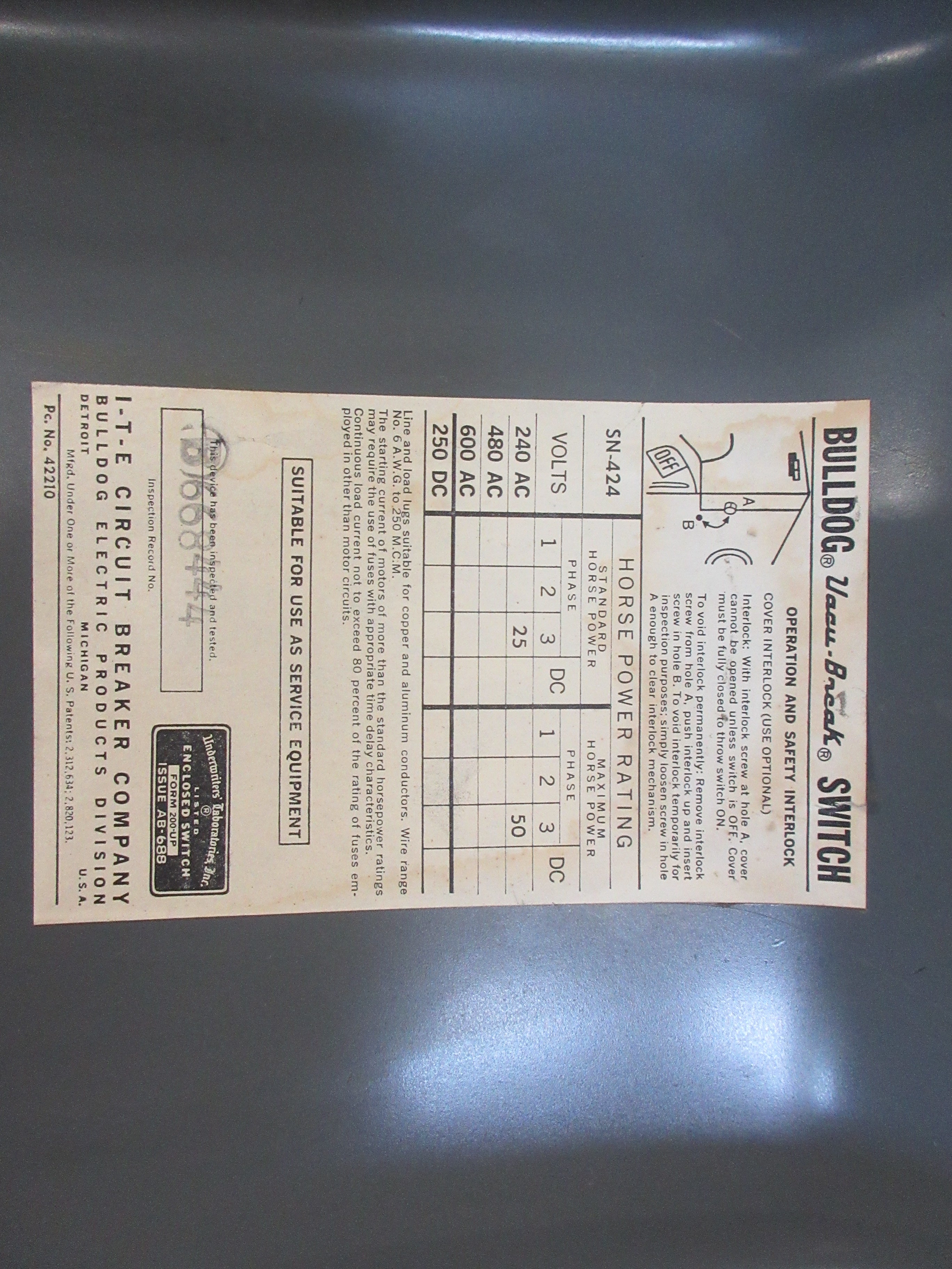ITE Fusible Safety Switch/Disconnect SN 424 200A 240V 3P Used