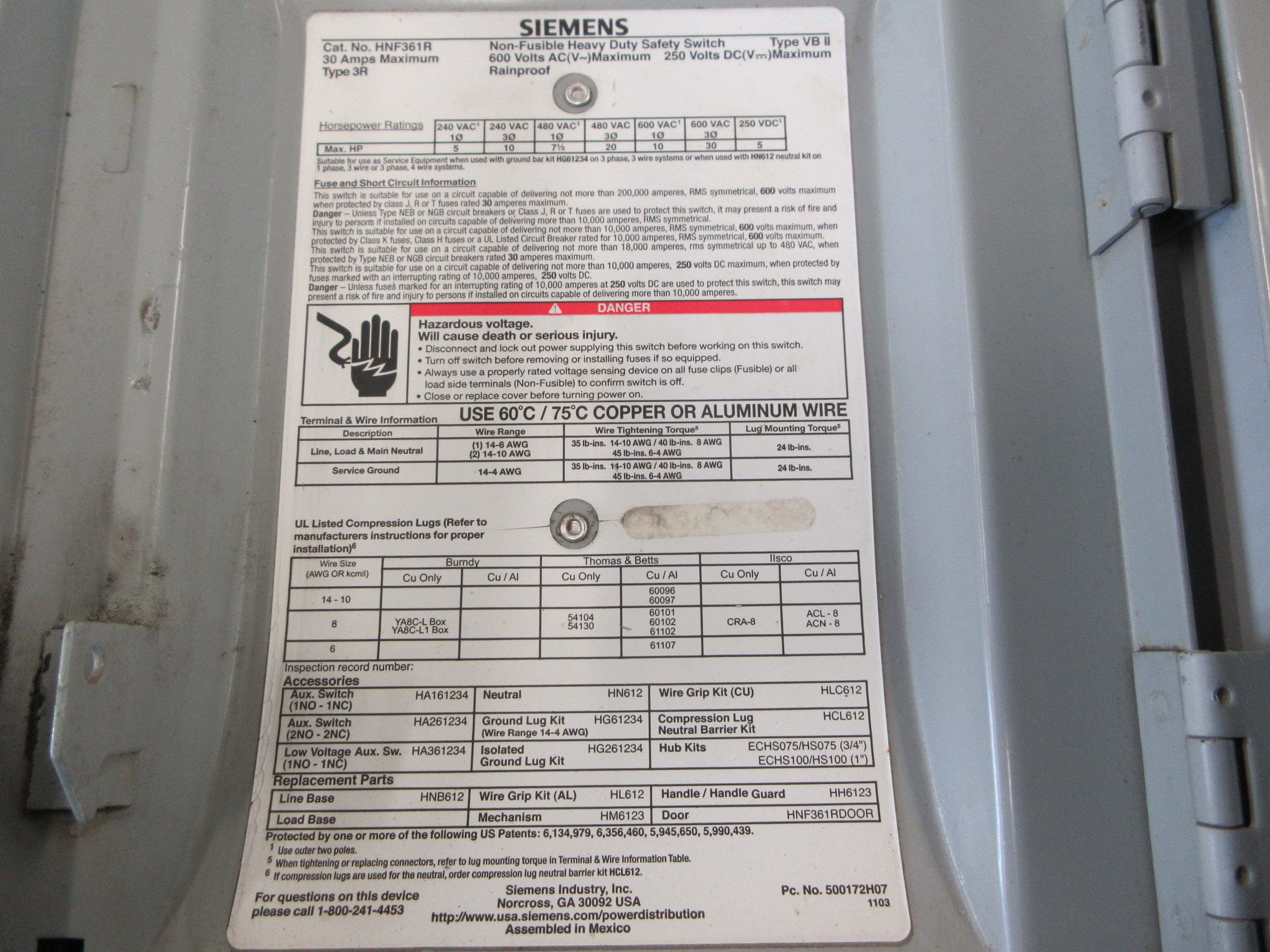 Siemens Non-Fusible 3R Safety Switch/Disconnect HNF361R 30A 600V 3P Used