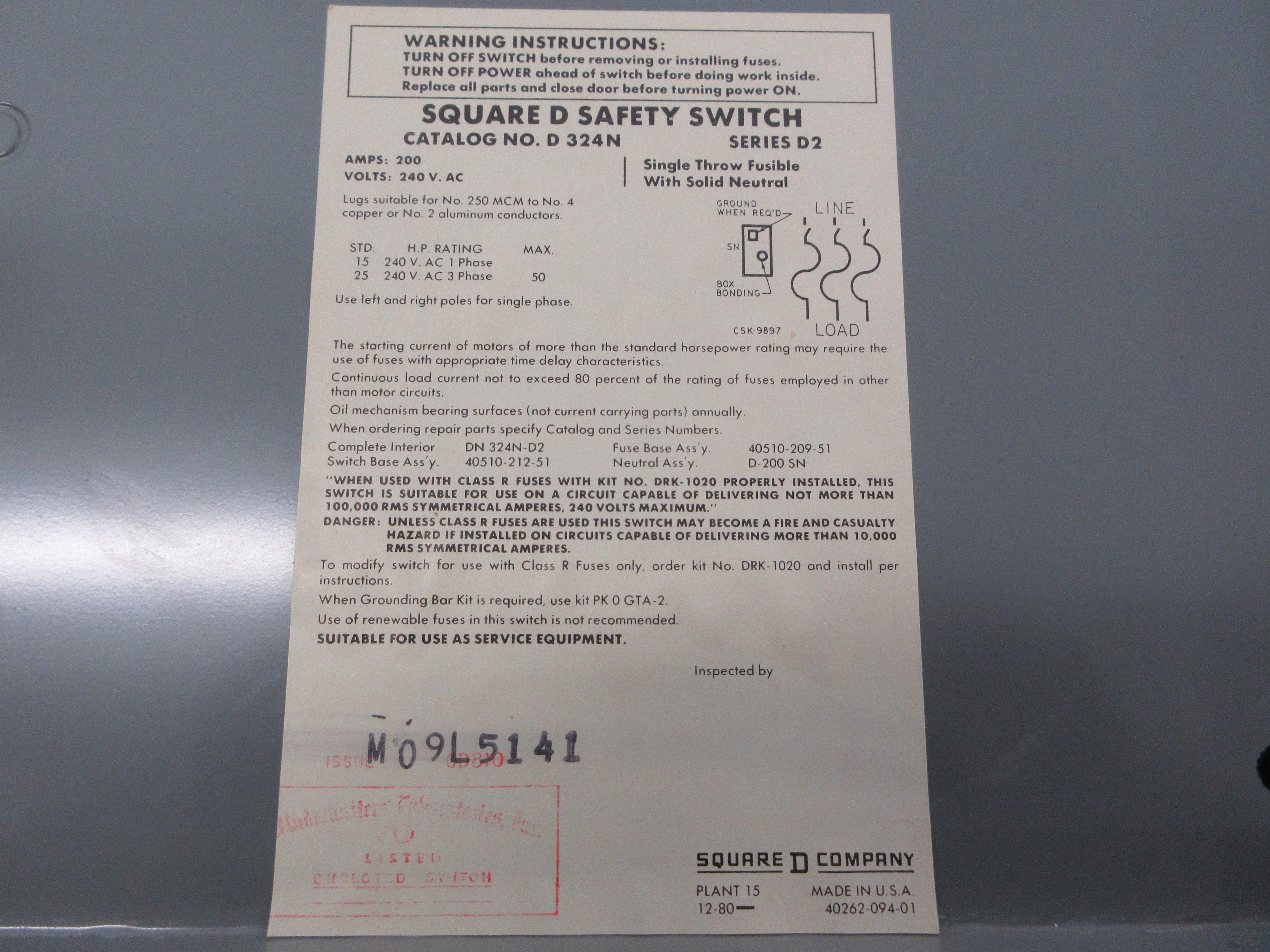 Square D Fusible Safety Switch/Disconnect D324N Ser. D2 200A 600V 3P Used