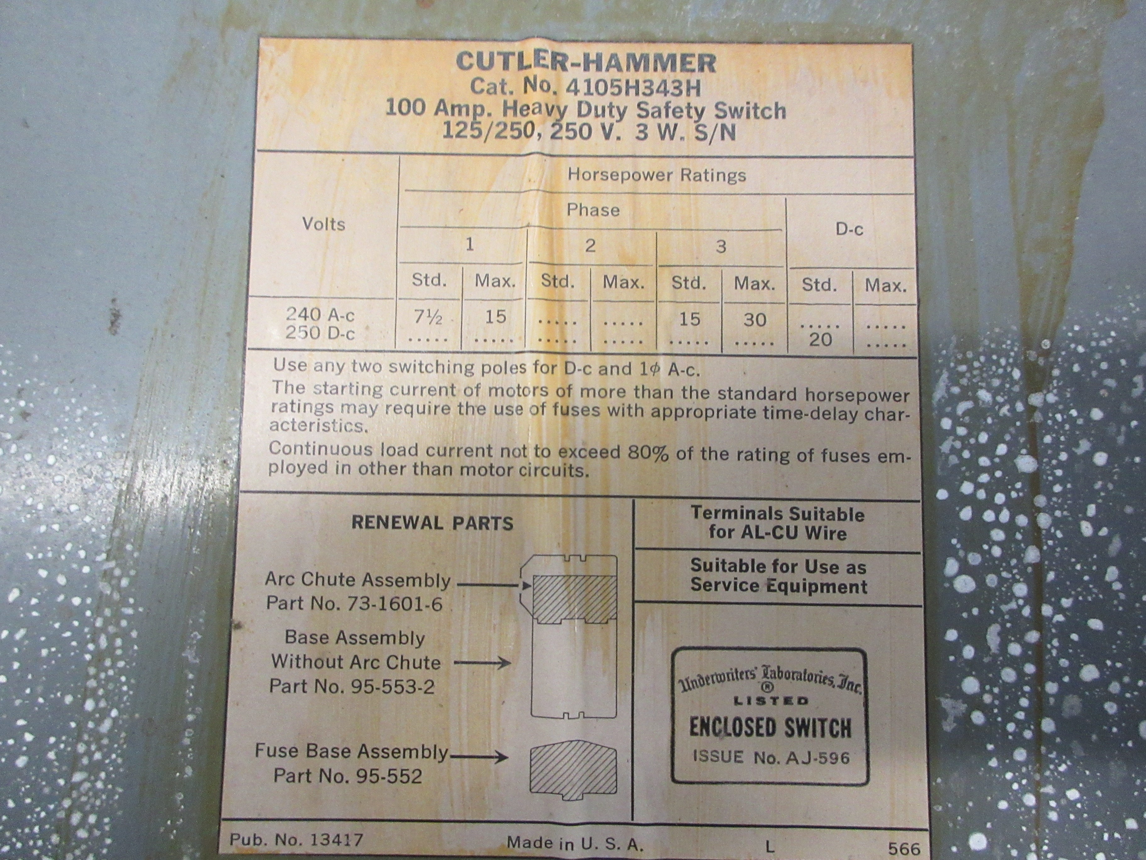 Cutler-Hammer Fusible Safety Switch/Disconnect 4105H343H 100A 125/250V 2P Used