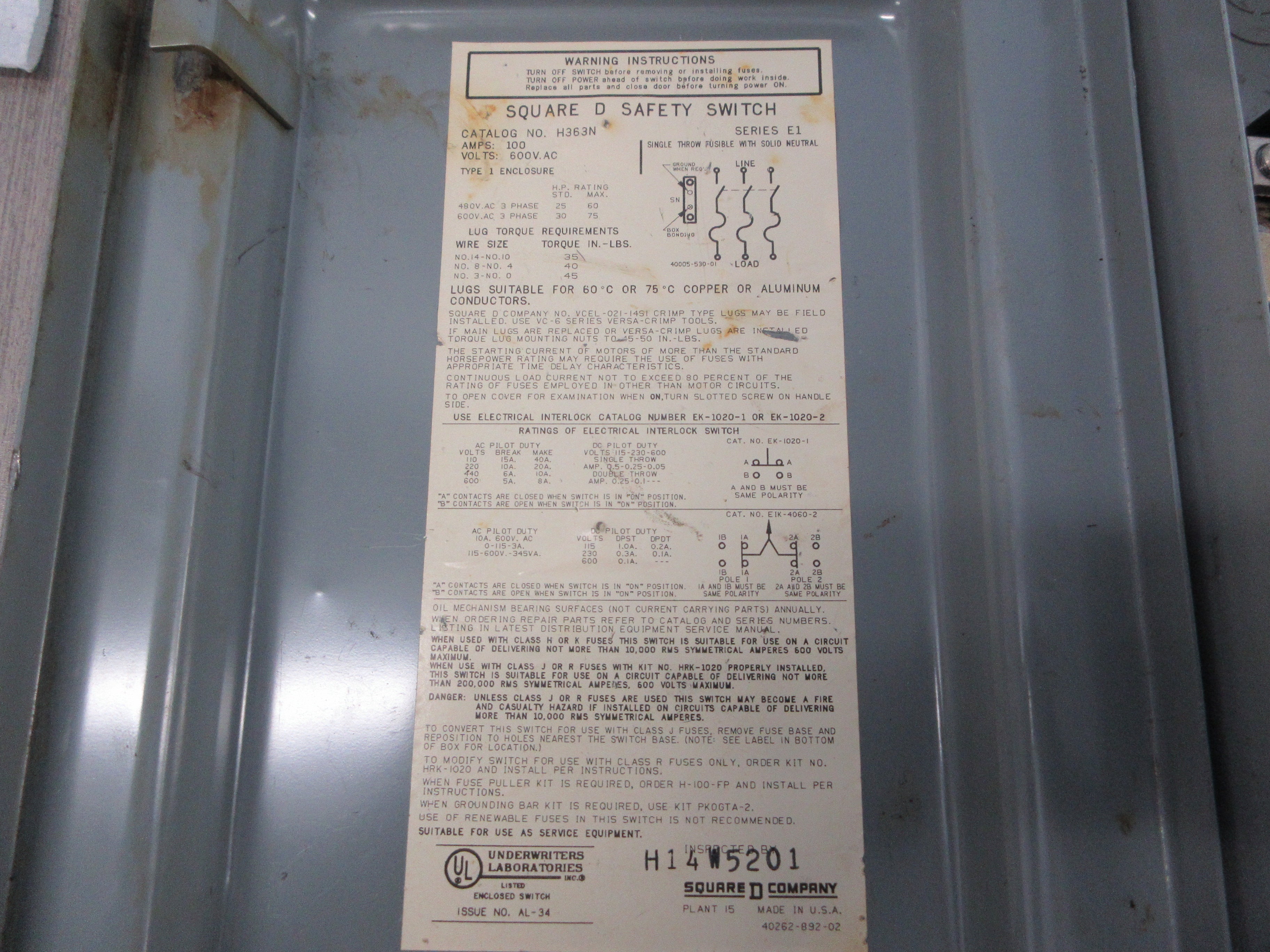 Square D Fusible Safety Switch/Disconnect H363N Ser. E1 100A 600V 3P Used