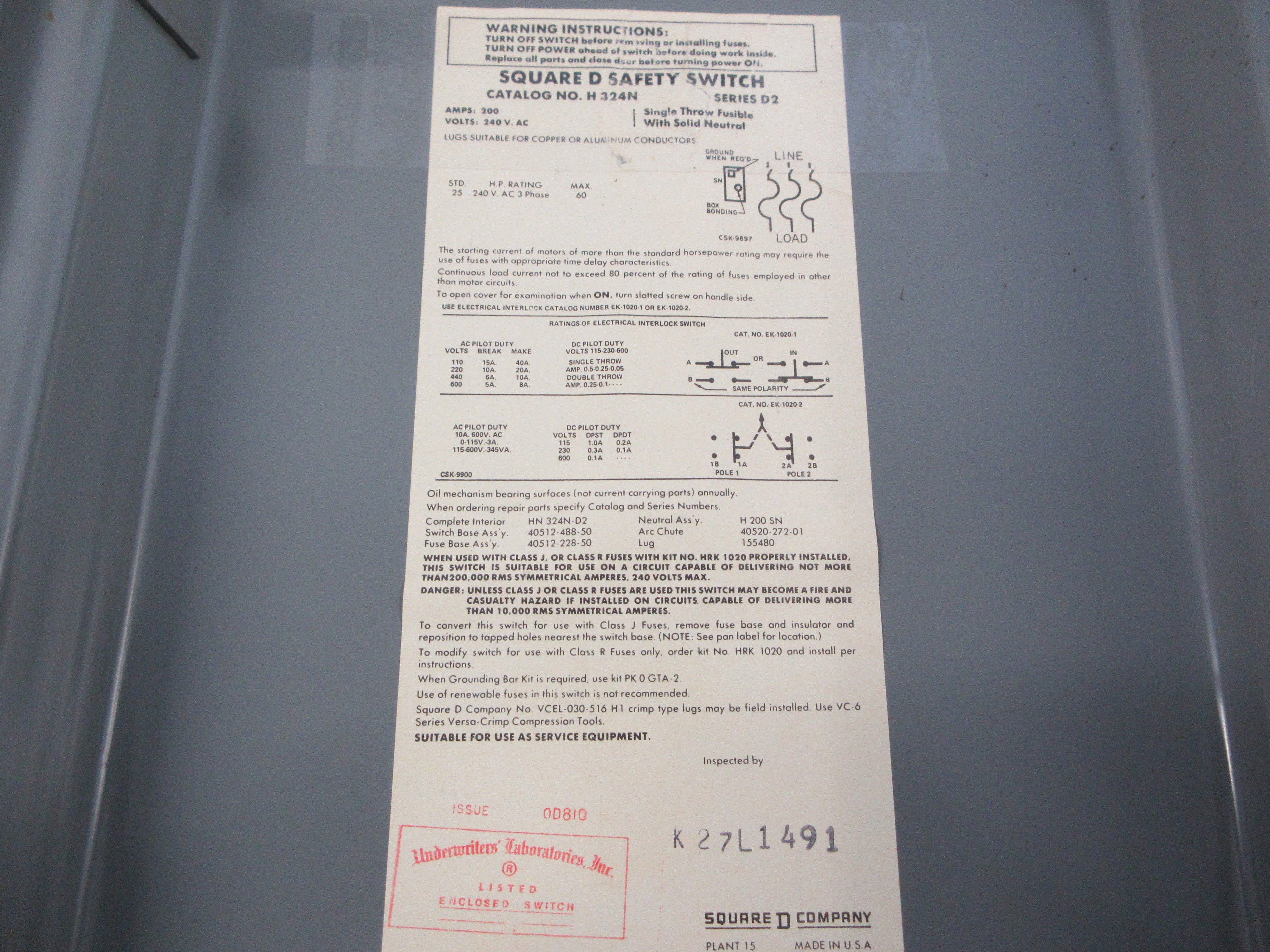 Square D Fusible Safety Switch / Disconnect H324N 200A 240V 3Ph Ser. D2 Used