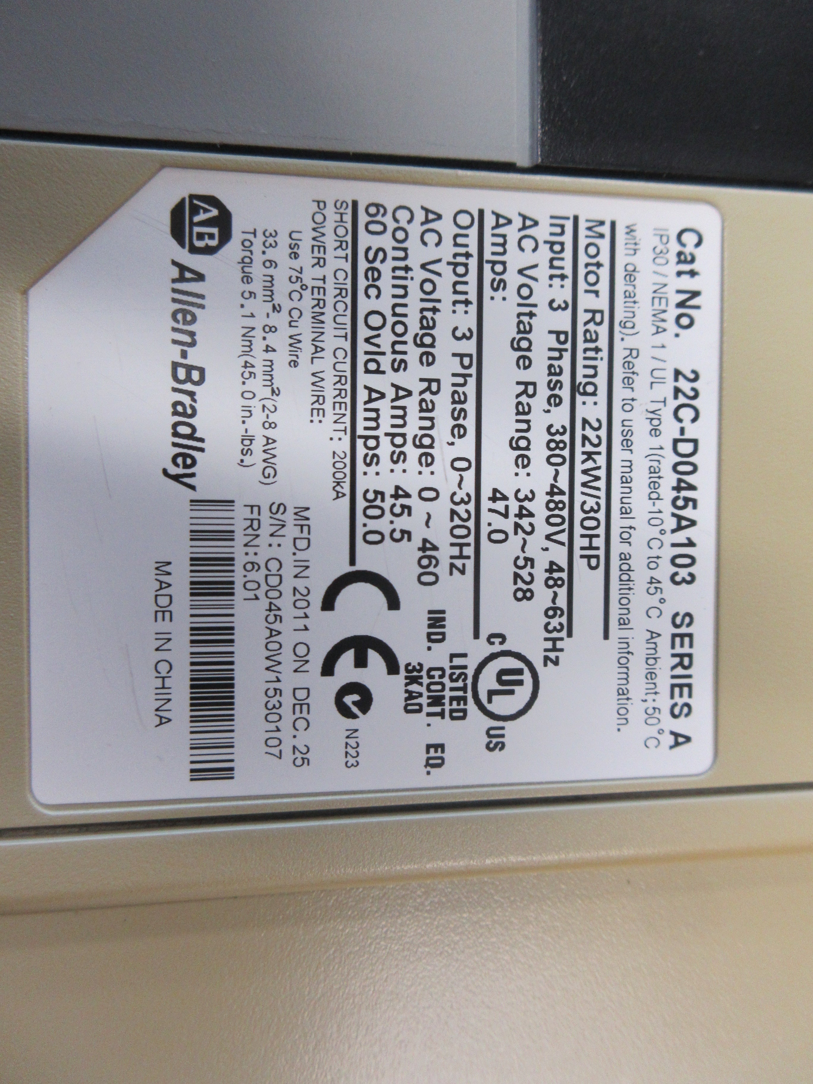 Allen-Bradley PowerFlex 400 AC Drive 22C-D045A103 Ser. A 30HP 3Ph Used