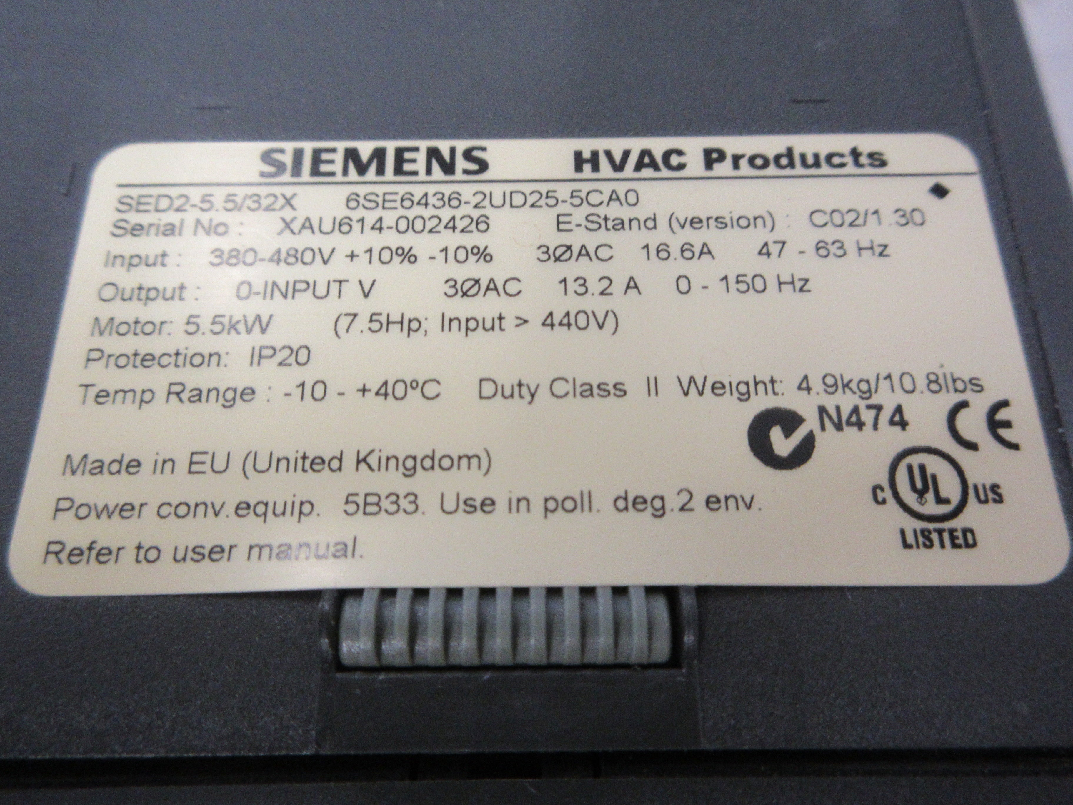 Siemens SED2-5.5/32X AC Drive 6SE6436-2UD25-5CA0 7.5HP 3Ph W/Keypad Used