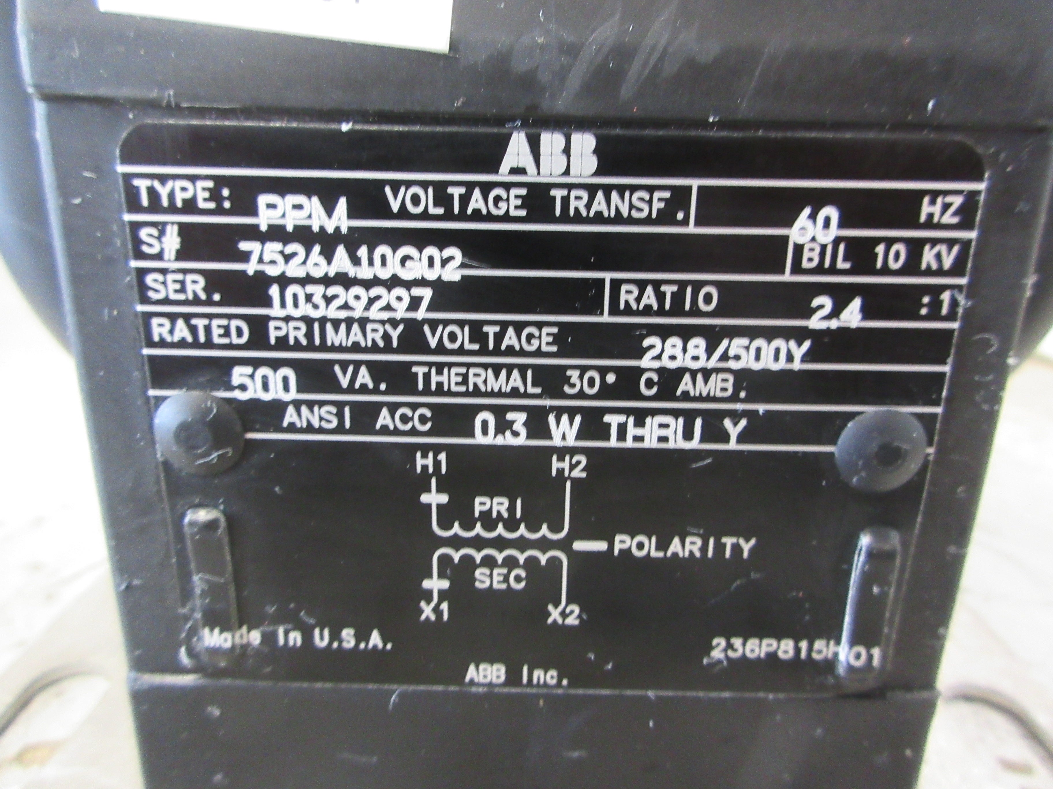 ABB Type PPM Voltage Transformer 7526A10G02 500VA Pri: 500Y/288V Ratio 2.4:1