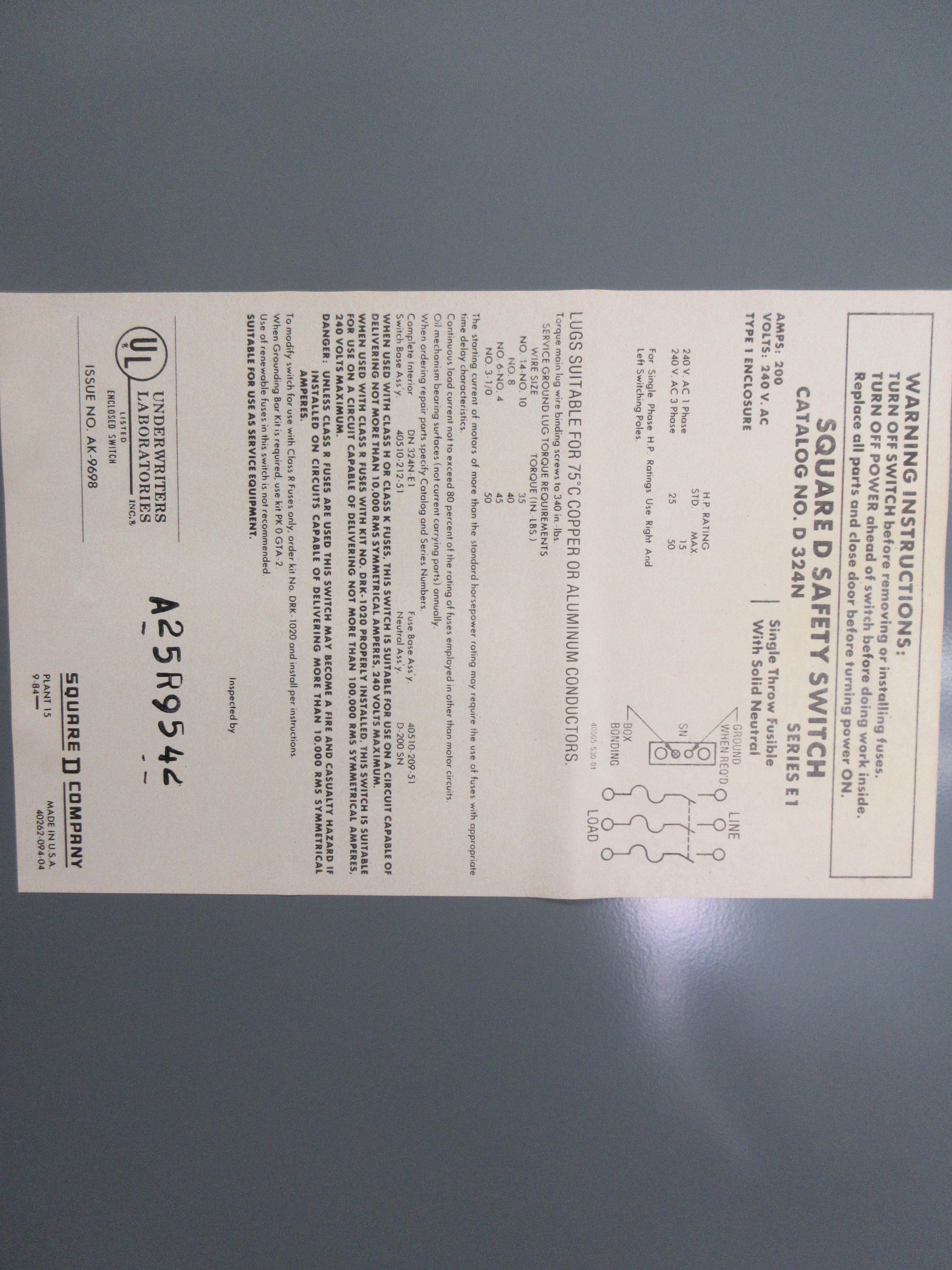 Square D Fusible Safety Switch/Disconnect D324N Ser. E1 200A 600V 3P Used
