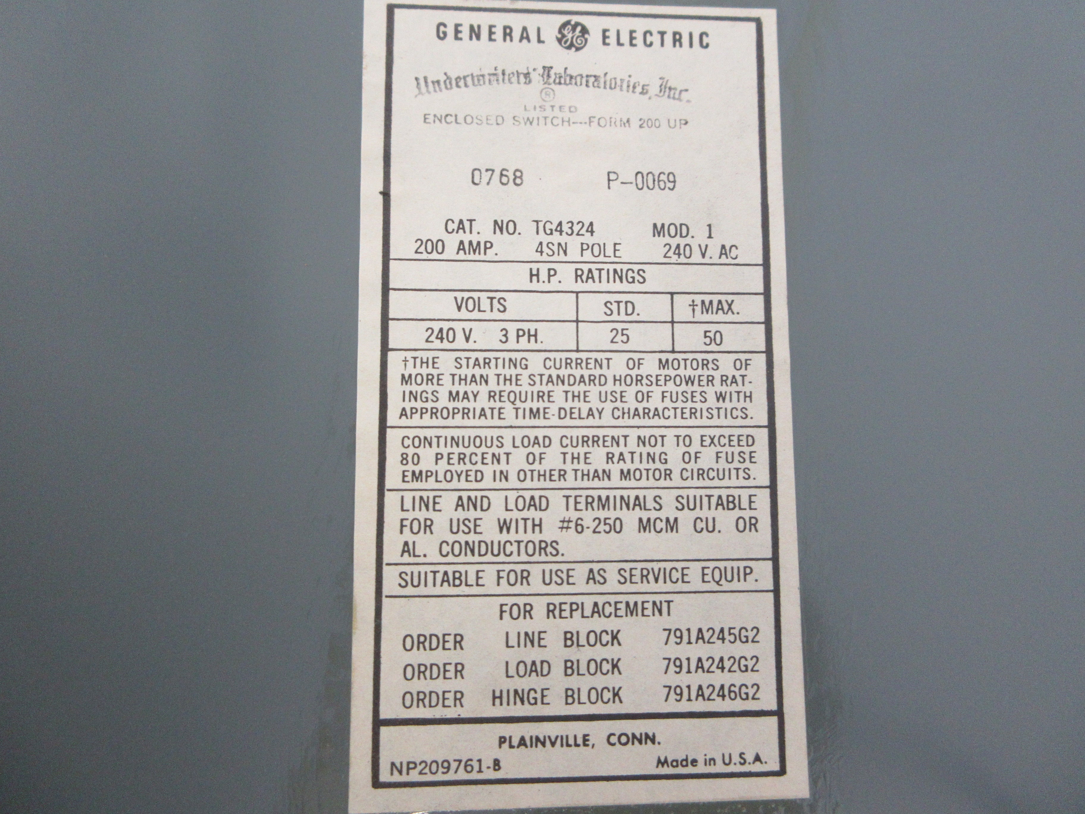 GE Fusible Safety Switch/Disconnect TG4324 Mod. 1 200A 240V 3Ph Used