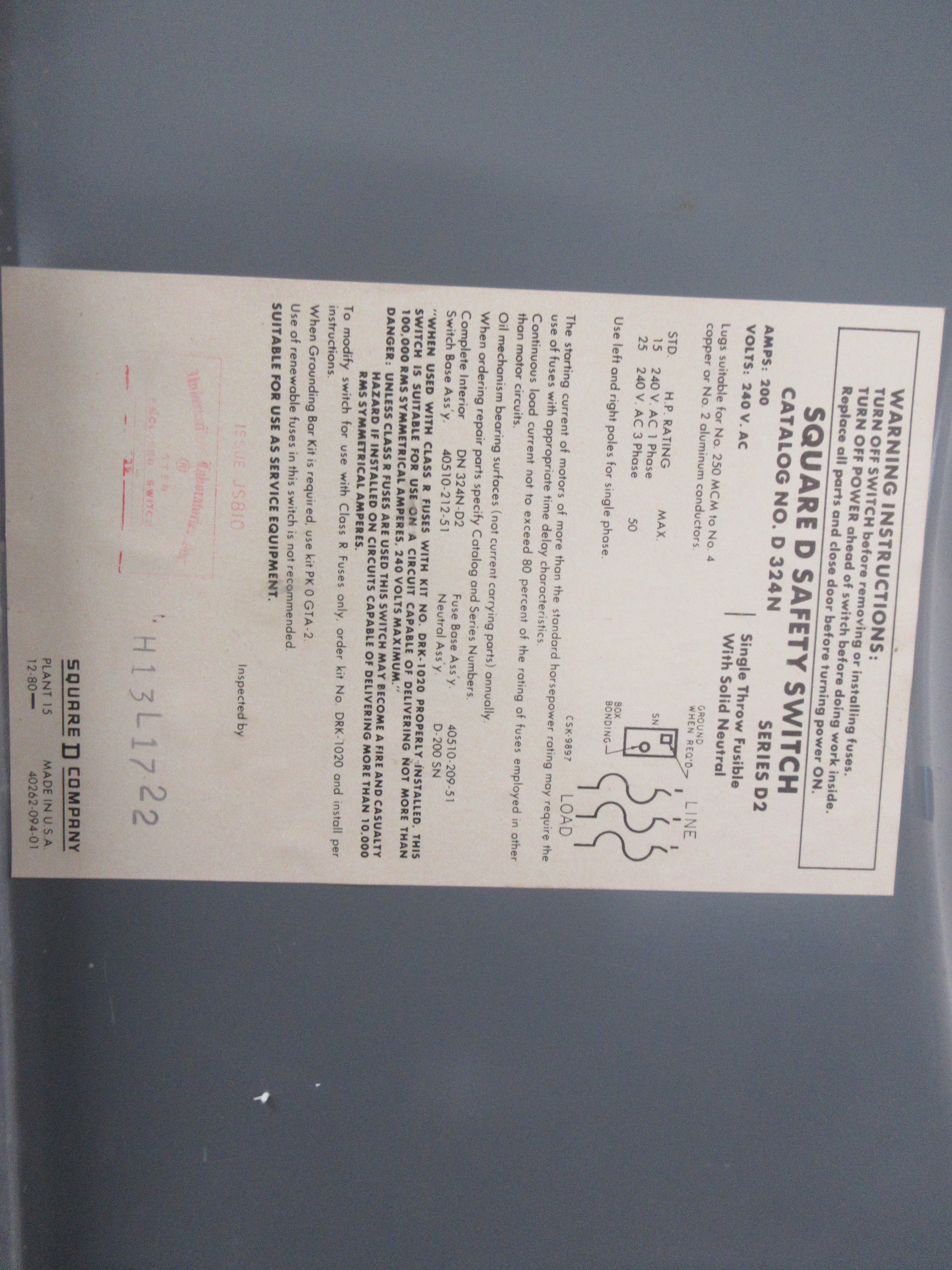 Square D Fusible Safety Switch/Disconnect D324N Ser. D2 200A 600V 3P Used