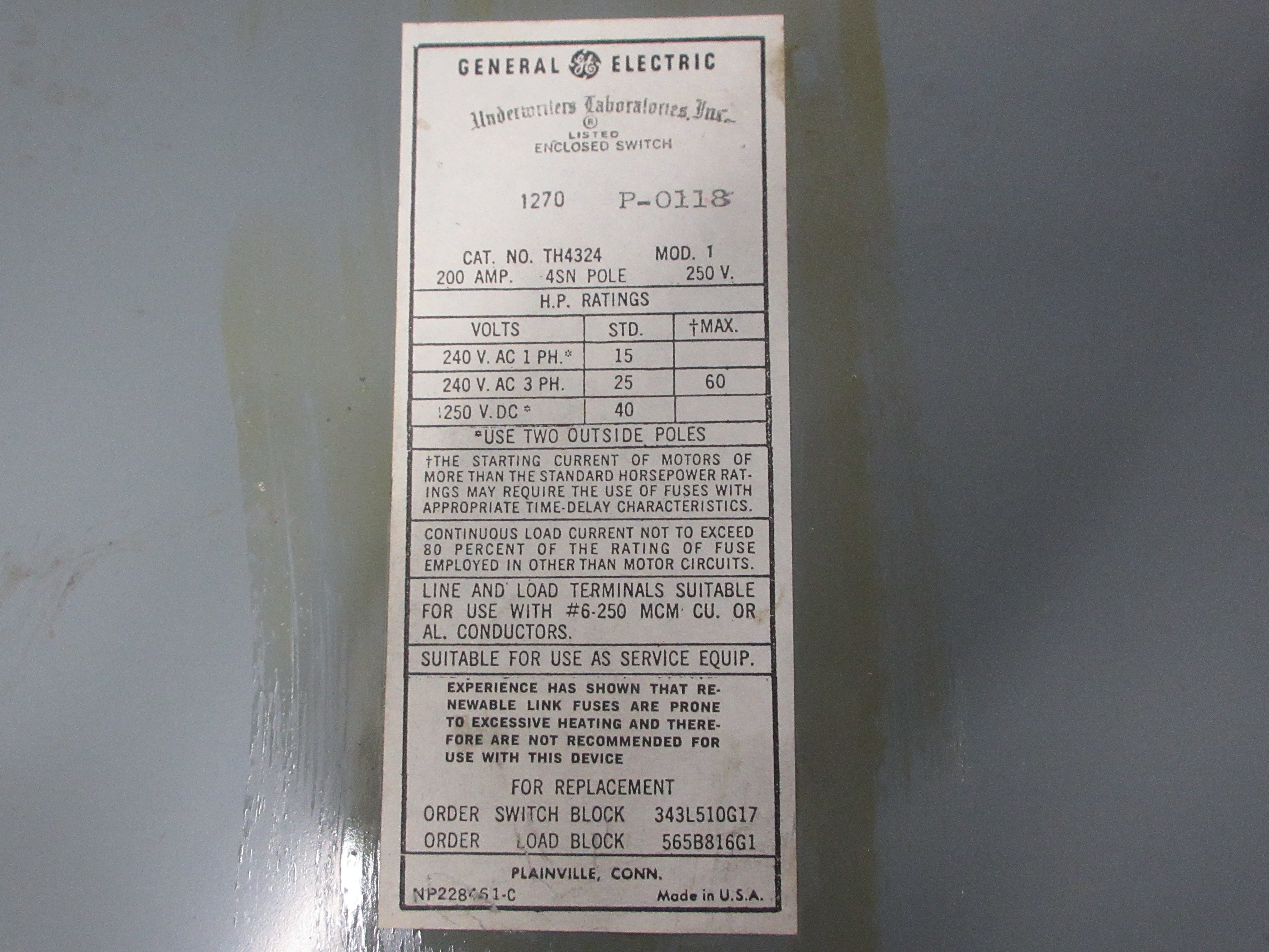 GE Fusible Safety Switch/Disconnect TH4324 Mod. 1 200A 250V 3P Used