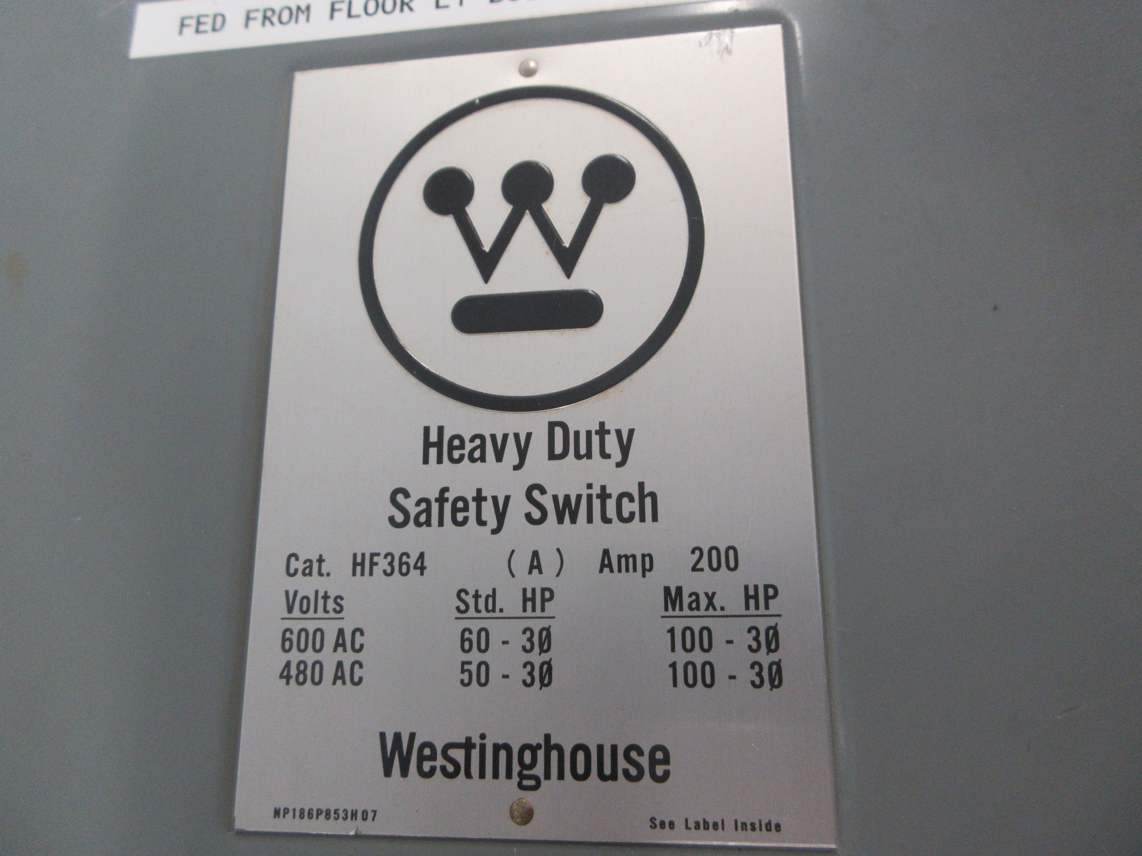 Westinghouse Fusible Safety Switch/Disconnect HF364 (A) 200A 600V 3P Used