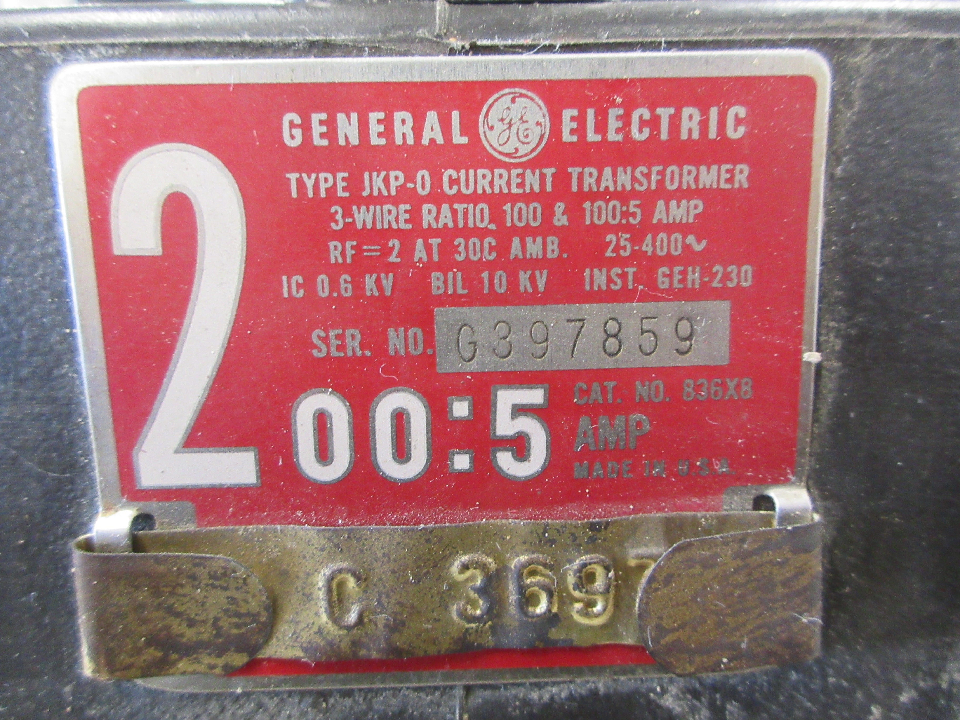 GE Type JKP-0 Current Transformer 836X8 Ratio 200:5A 600V 25-400Hz Used