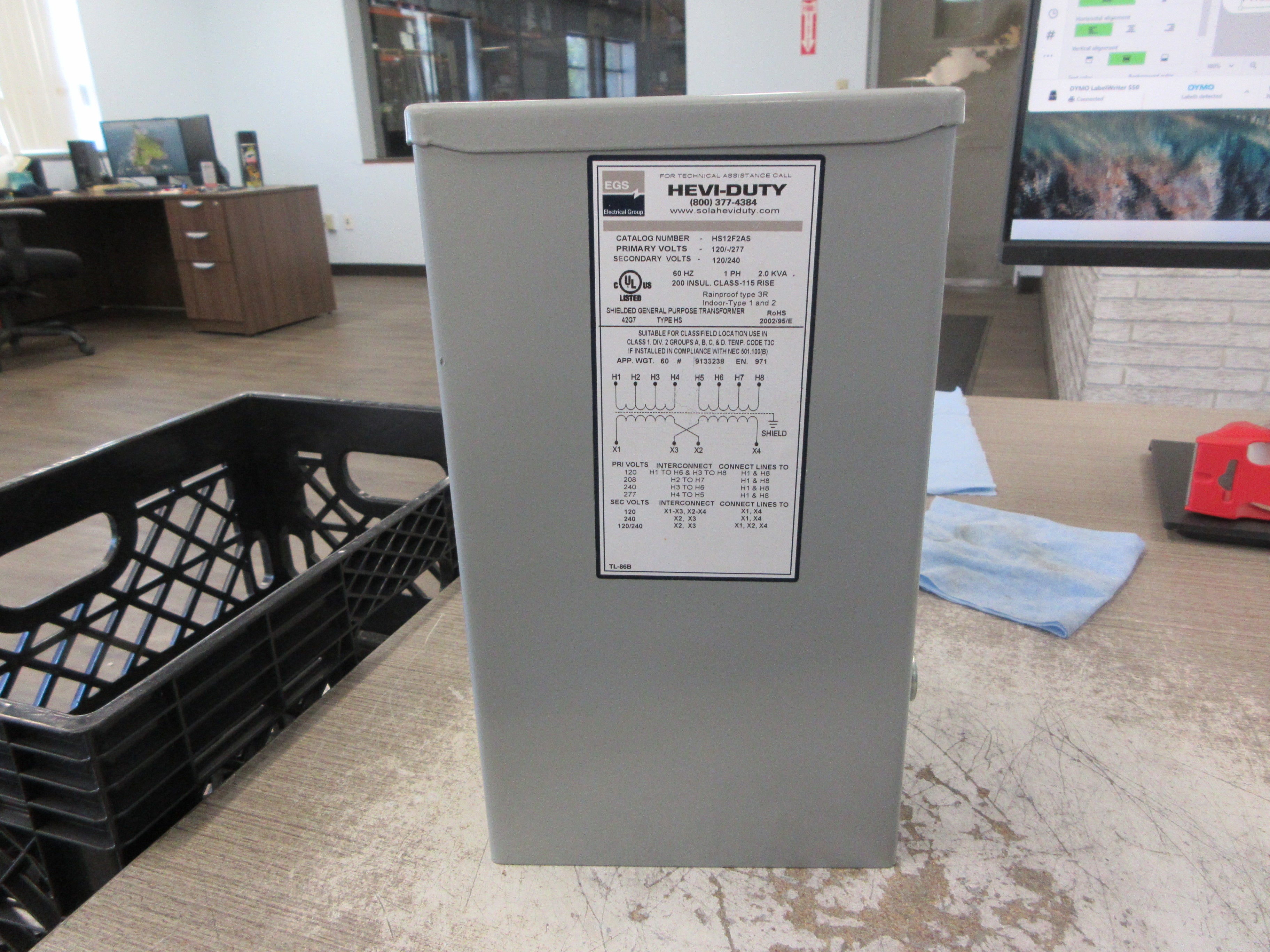 Hevi-Duty 3R Transformer HS12F2AS 2KVA Pri: 120/208/240/277V Sec: 120/240V Used