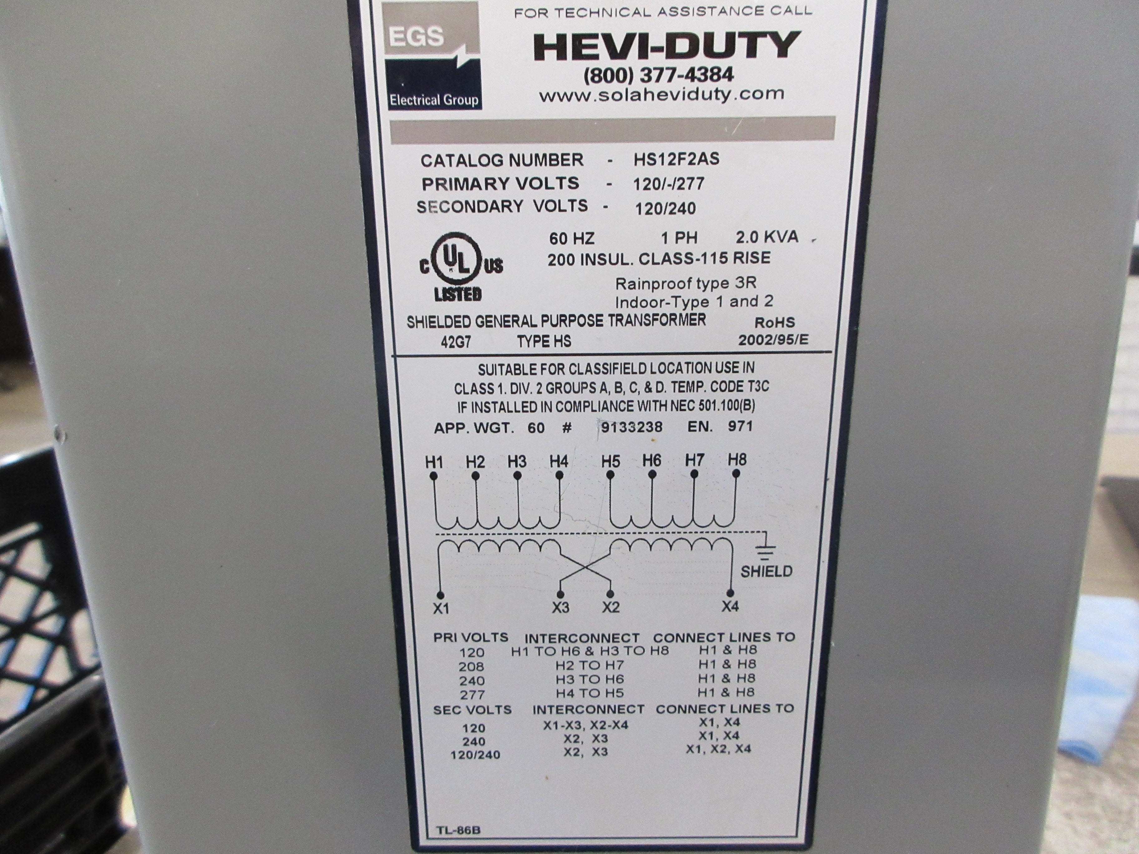 Hevi-Duty 3R Transformer HS12F2AS 2KVA Pri: 120/208/240/277V Sec: 120/240V Used