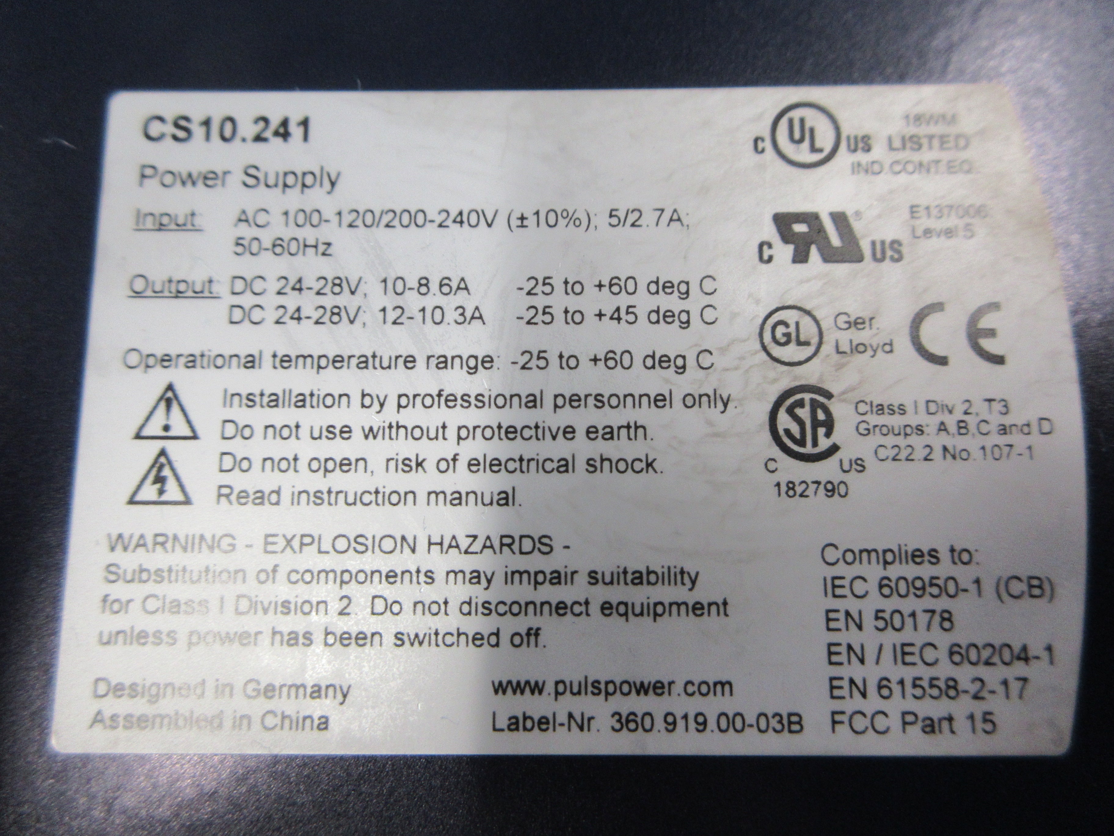 Puls Dimension Power Supply CS10.241 Used