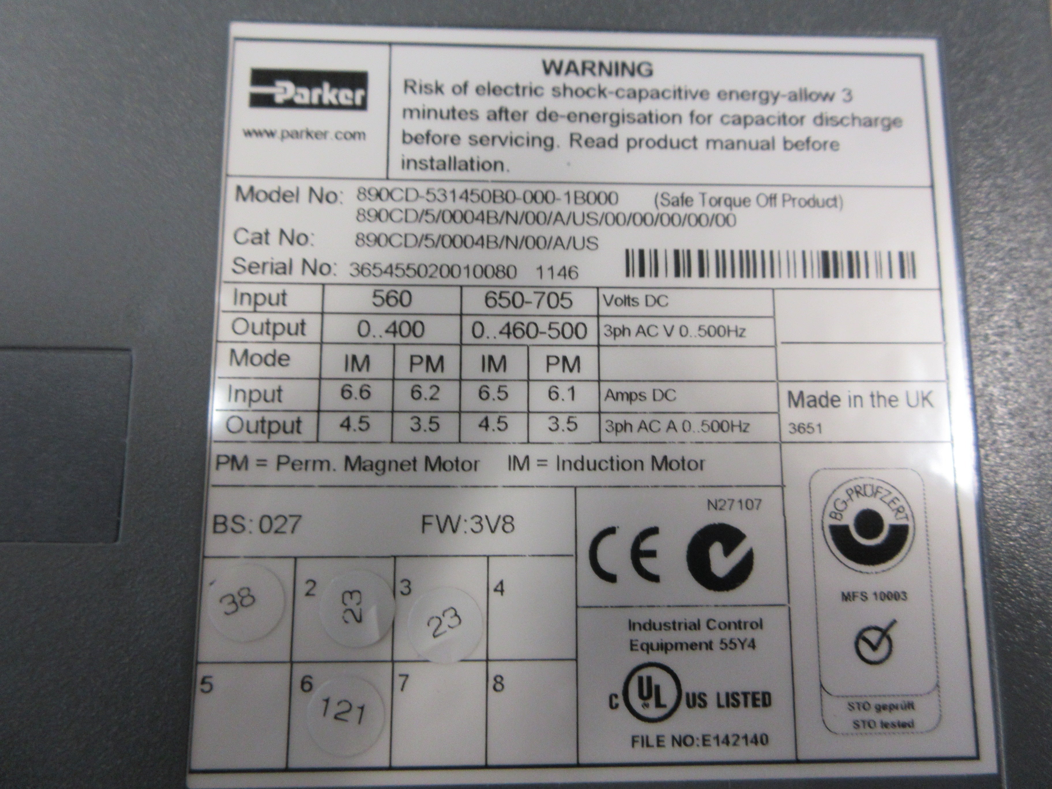 Parker Common DC Bus Drive 890CD/5/0004B/N/00/A/US FW: 3V8 Used