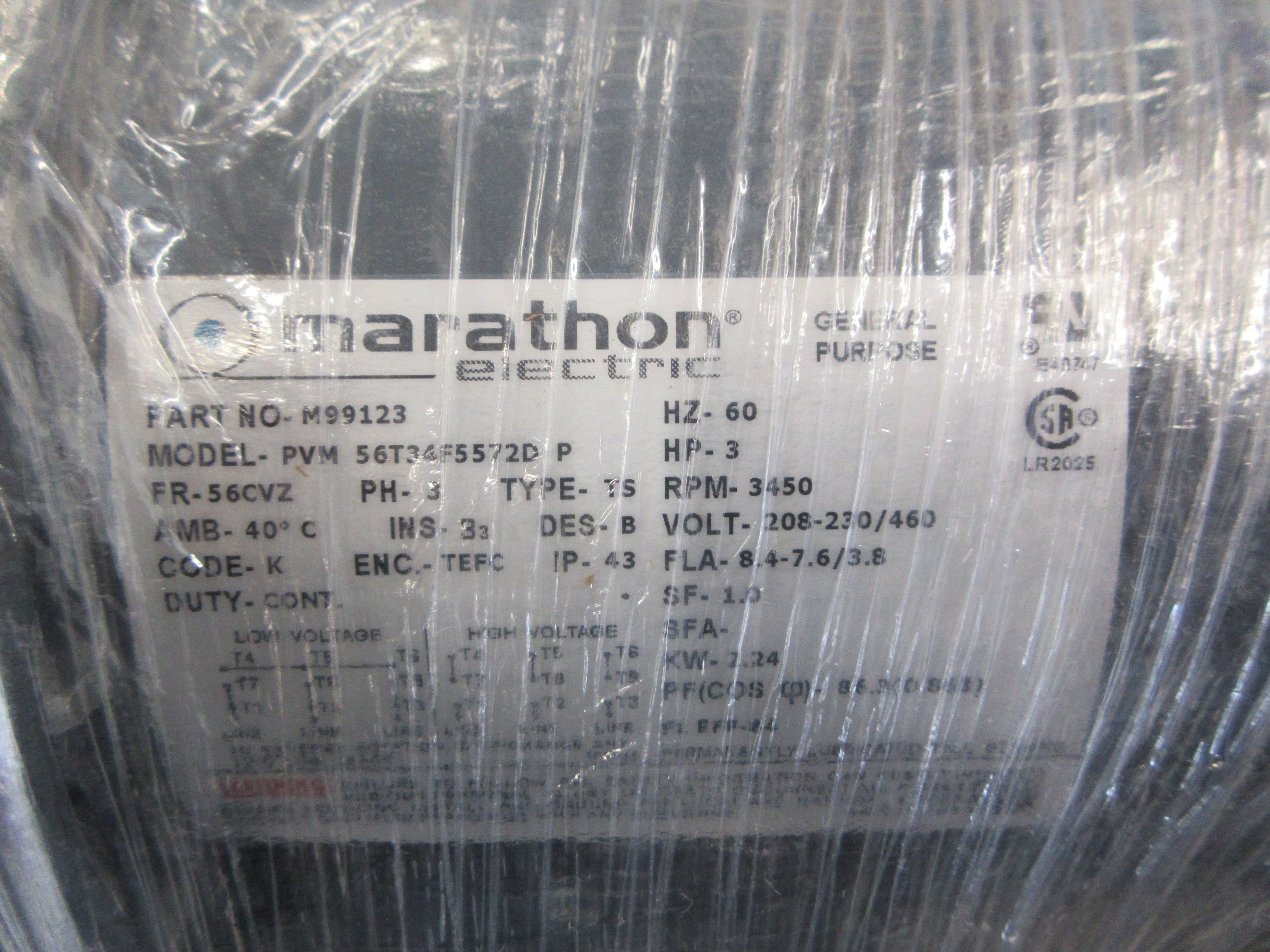 Marathon Motor M99123 Model: PVM 56T34F5572D P 3HP 208-230/460V New Surplus