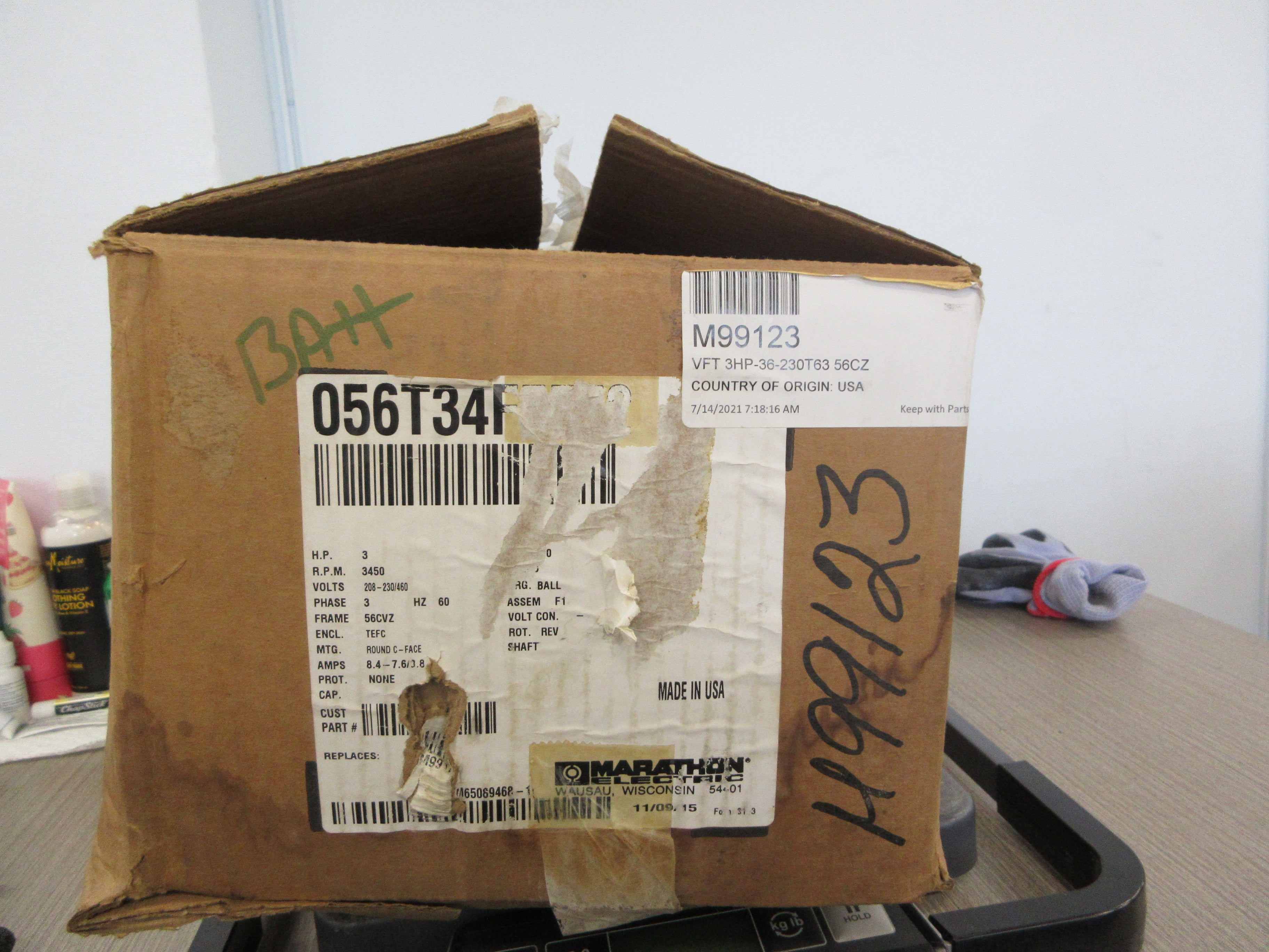Marathon Motor M99123 Model: PVM 56T34F5572D P 3HP 208-230/460V New Surplus
