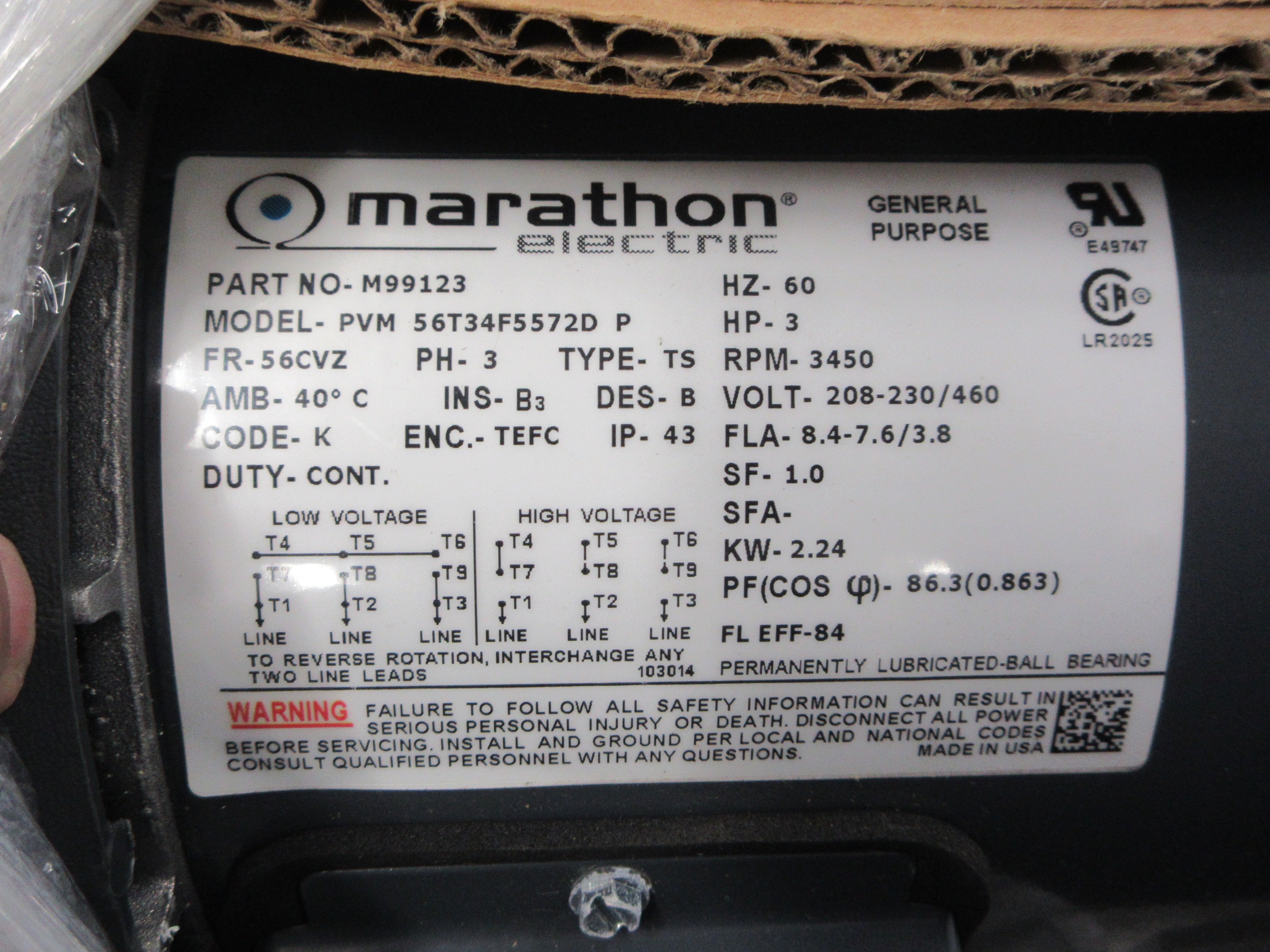Marathon Motor M99123 Model: PVM 56T34F5572D P 3HP 208-230/460V New Surplus