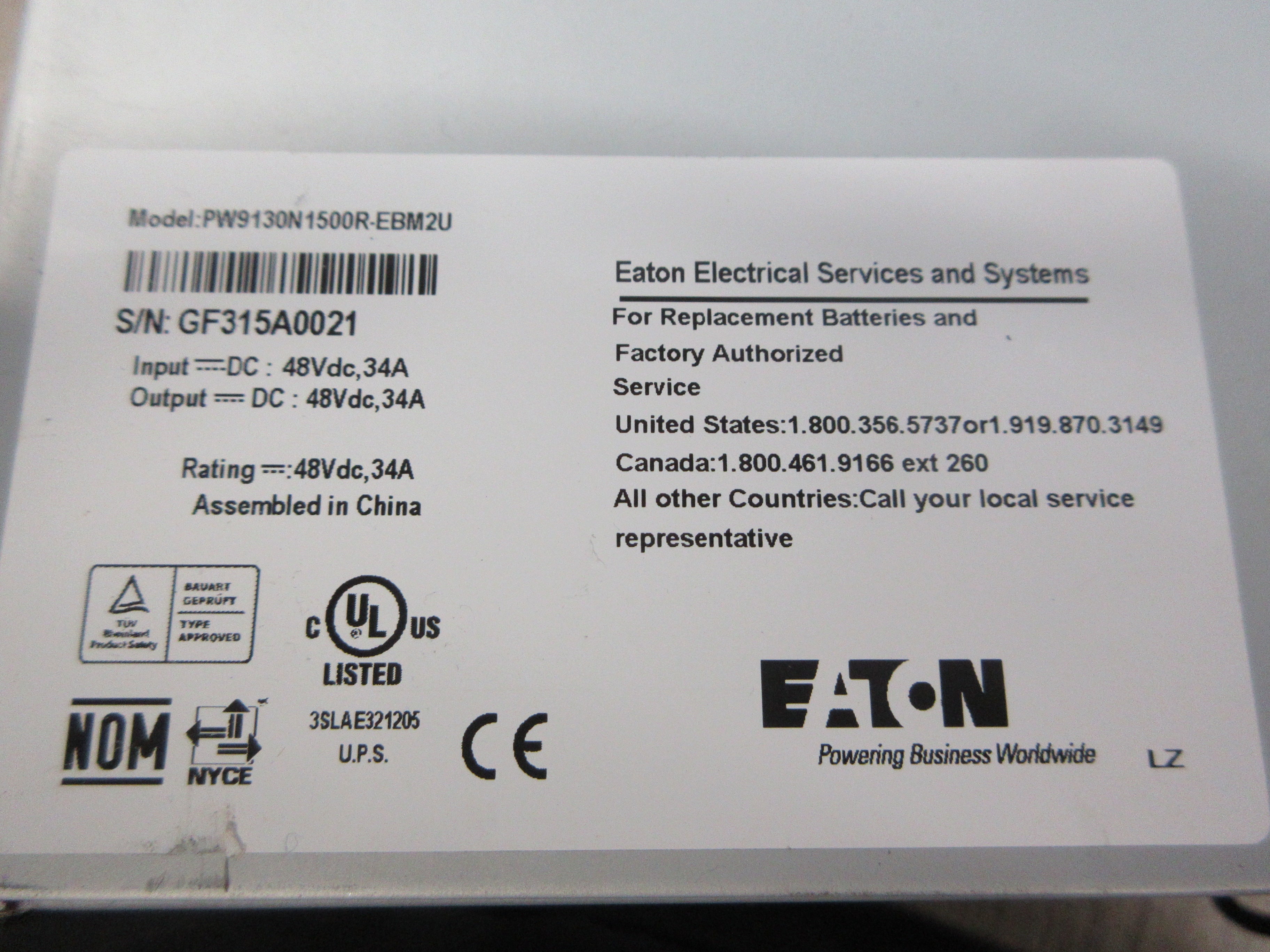 Eaton Powerware 9130 Extended Battery Module PW9130N1500R-EBM2U 48VDC 34A Used