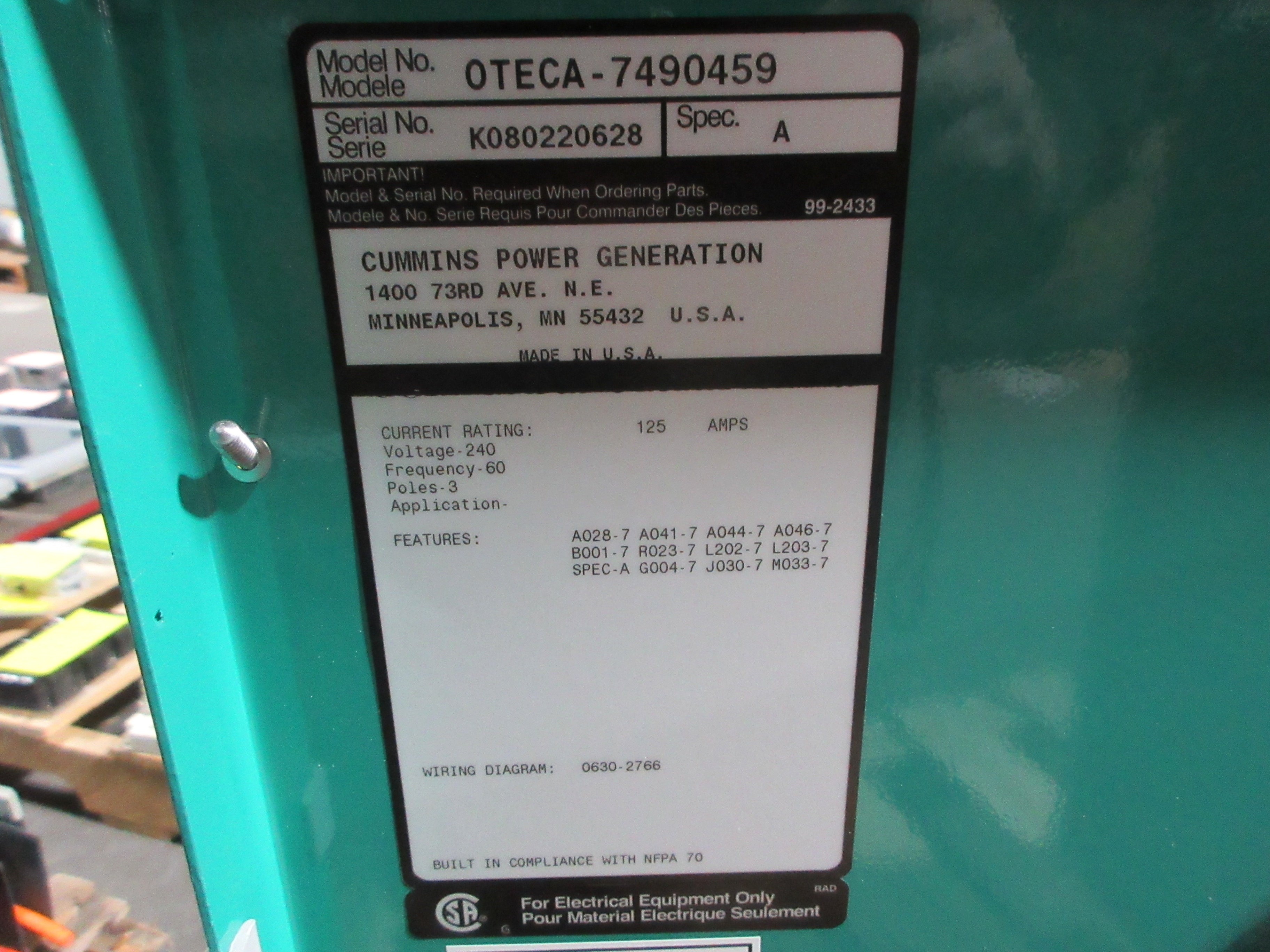 Cummins PowerCommand Automatic Transfer Switch OTECA-7490459 125A 240V 60Hz Used