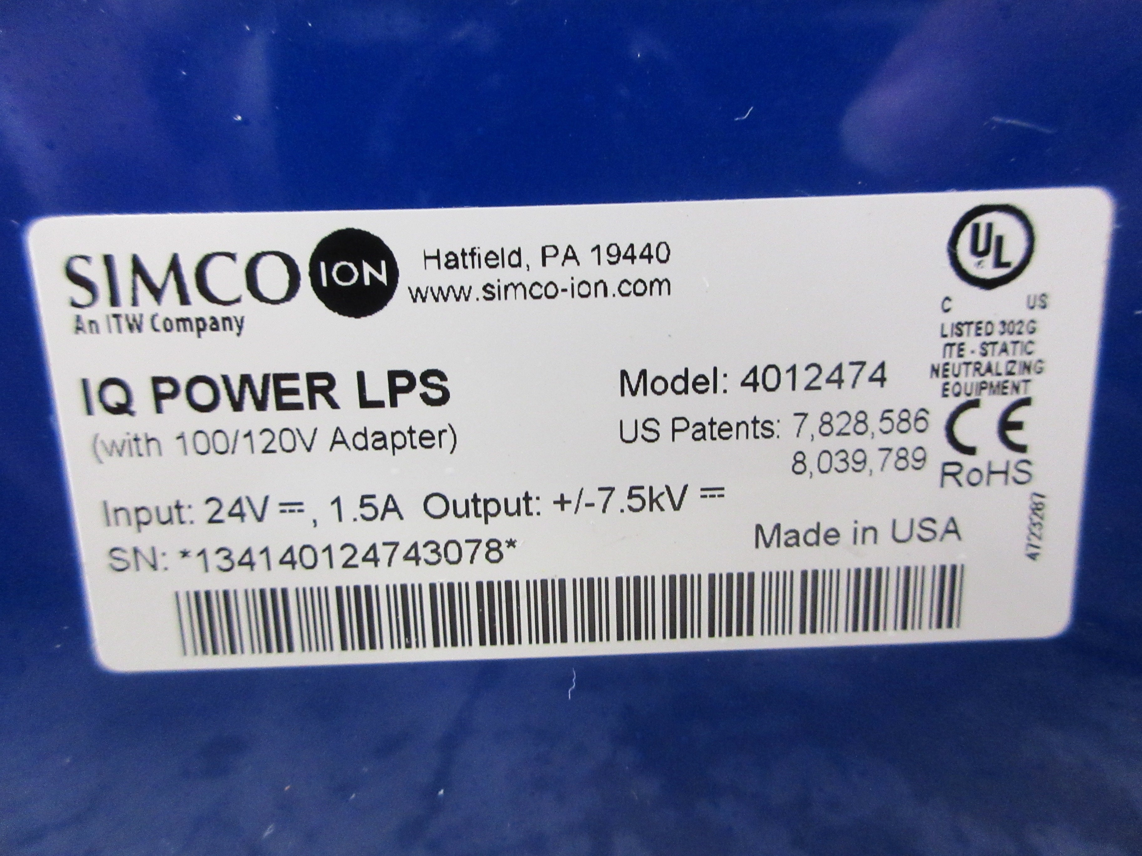 Simco IQ Power LPS Power Supply 4012474 Input: 24VDC 1.5A Output: 7.5KV DC Used