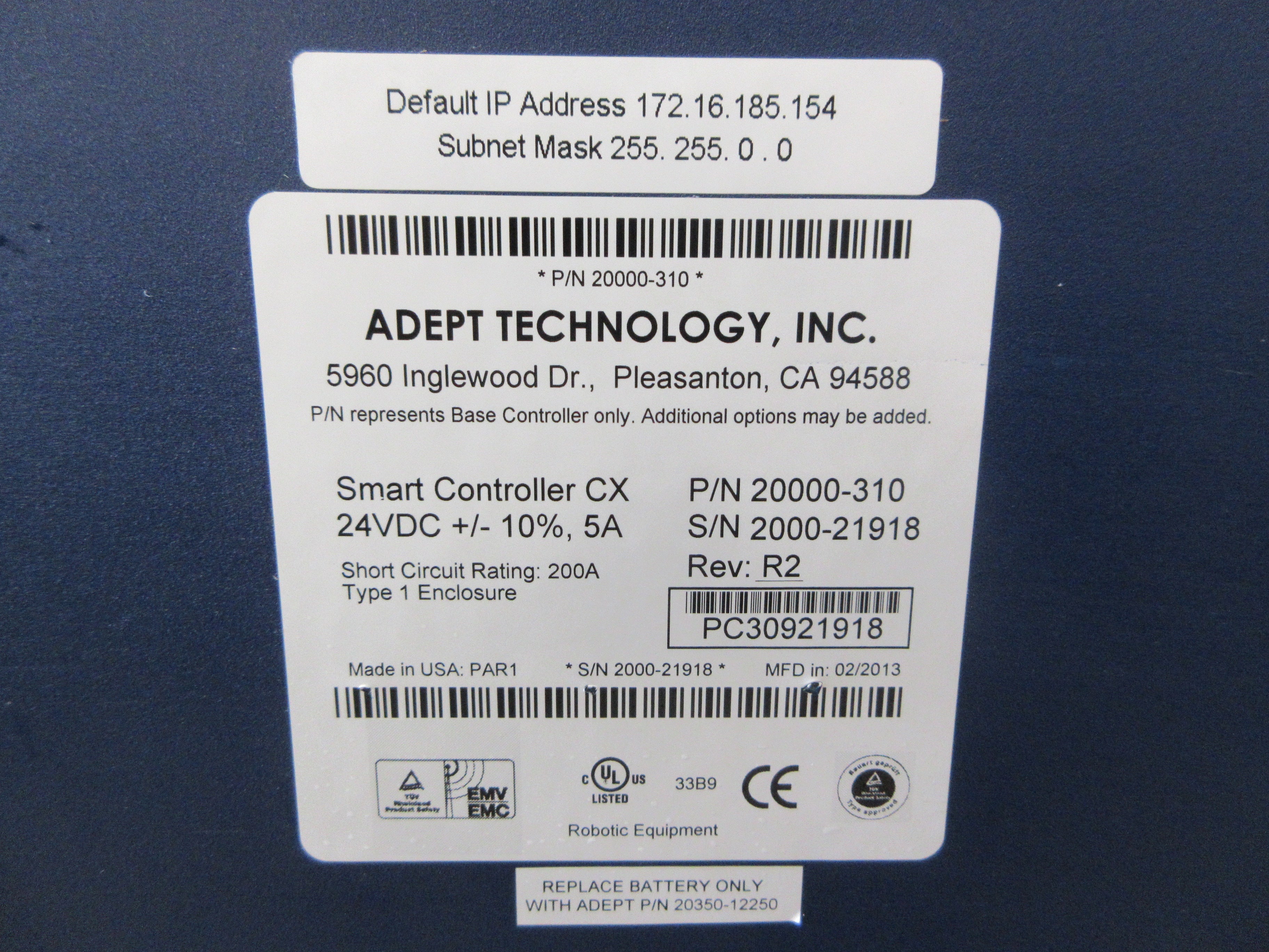 Adept Smart Controller CX 20000-310 Rev: R2 24VDC 5A Used