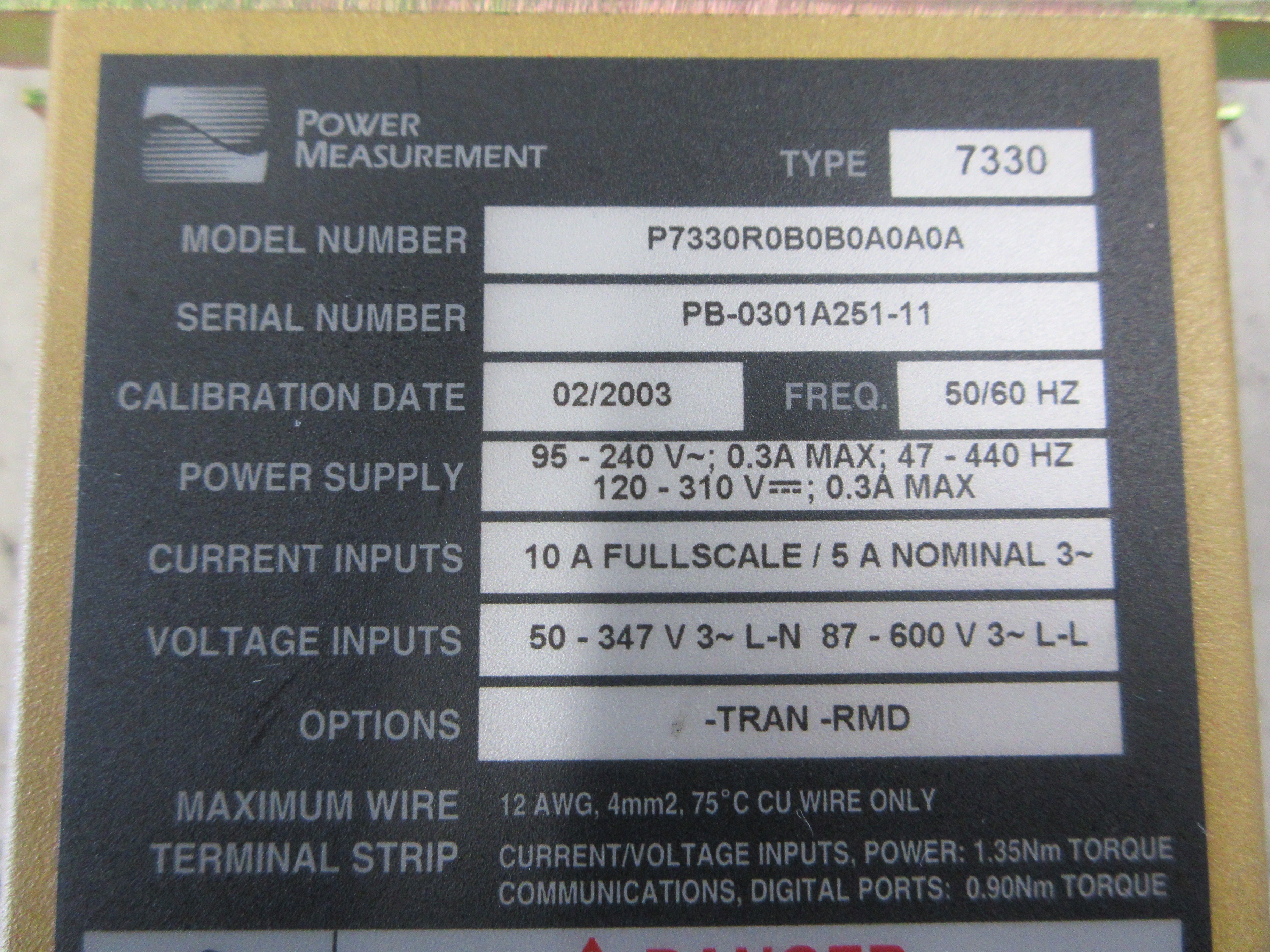 Power Measurement Type 7330 Power Meter P7330R0B0B0A0A0A Options: -TRAN-RMD Used