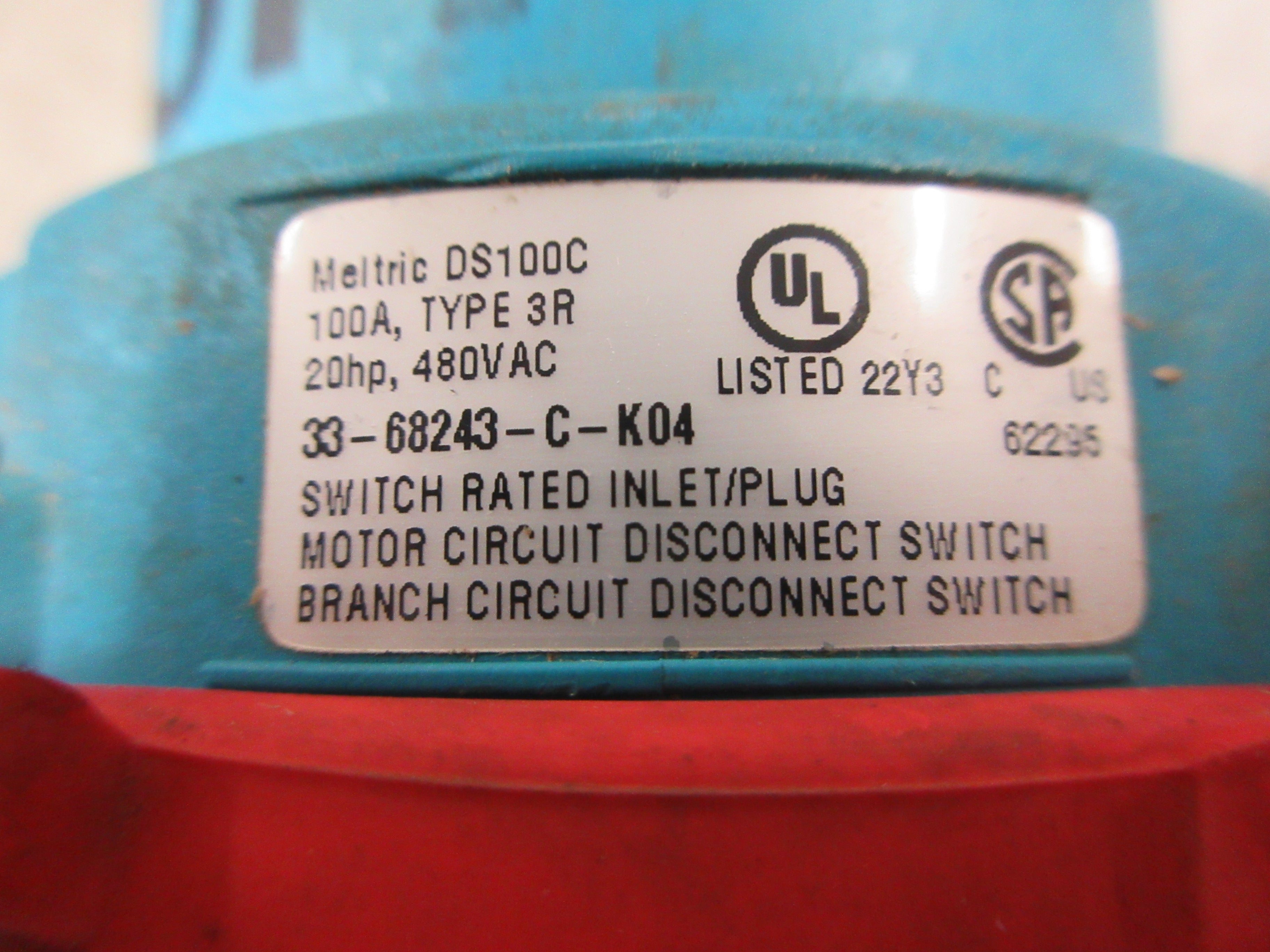 Meltric DS100C 3R Plug 33-68243-C-K04 100A 480V Used
