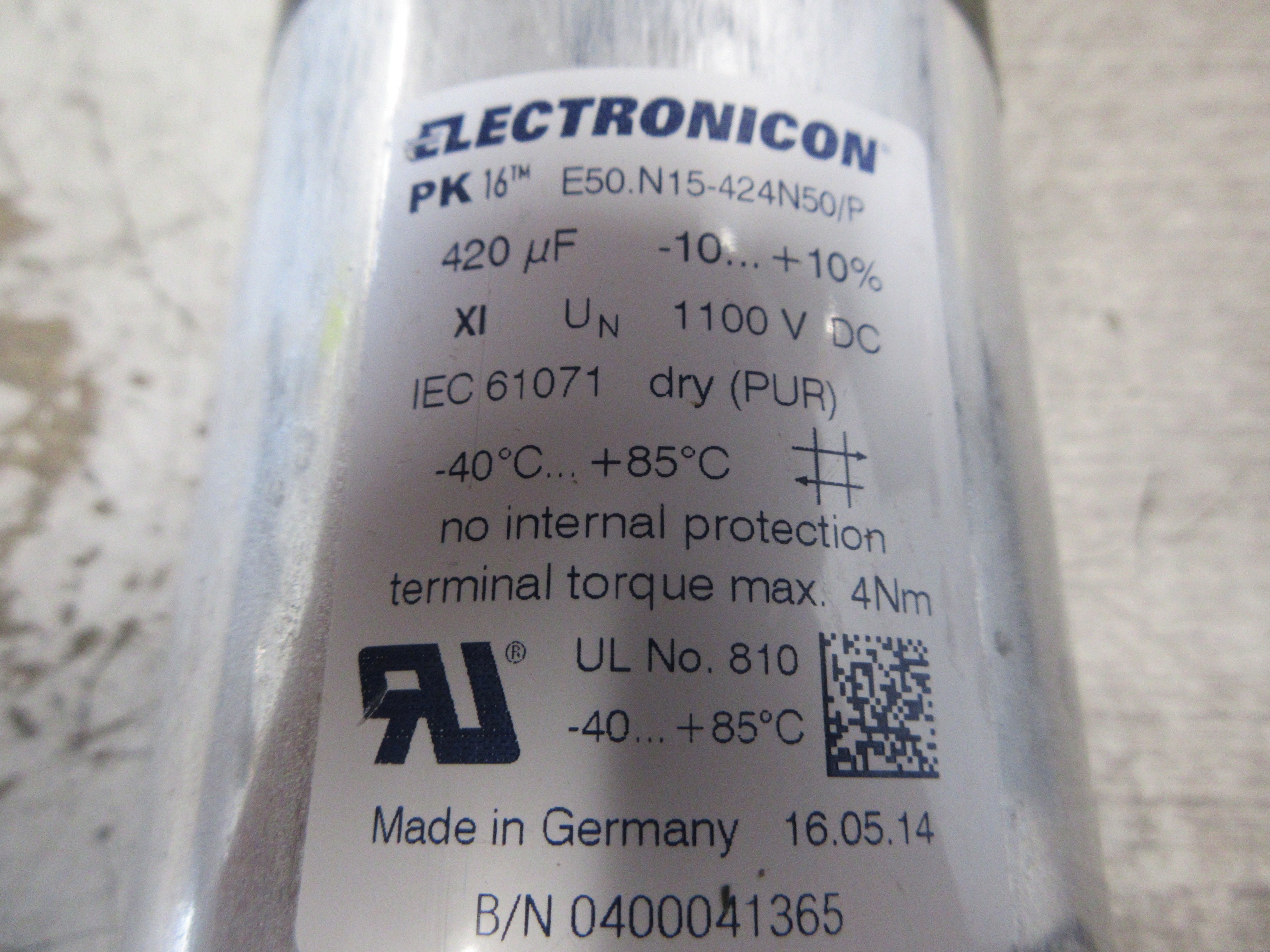 Electronicon PK16 Capacitor E50.N15-424N50/P 420uF 1100VDC Used