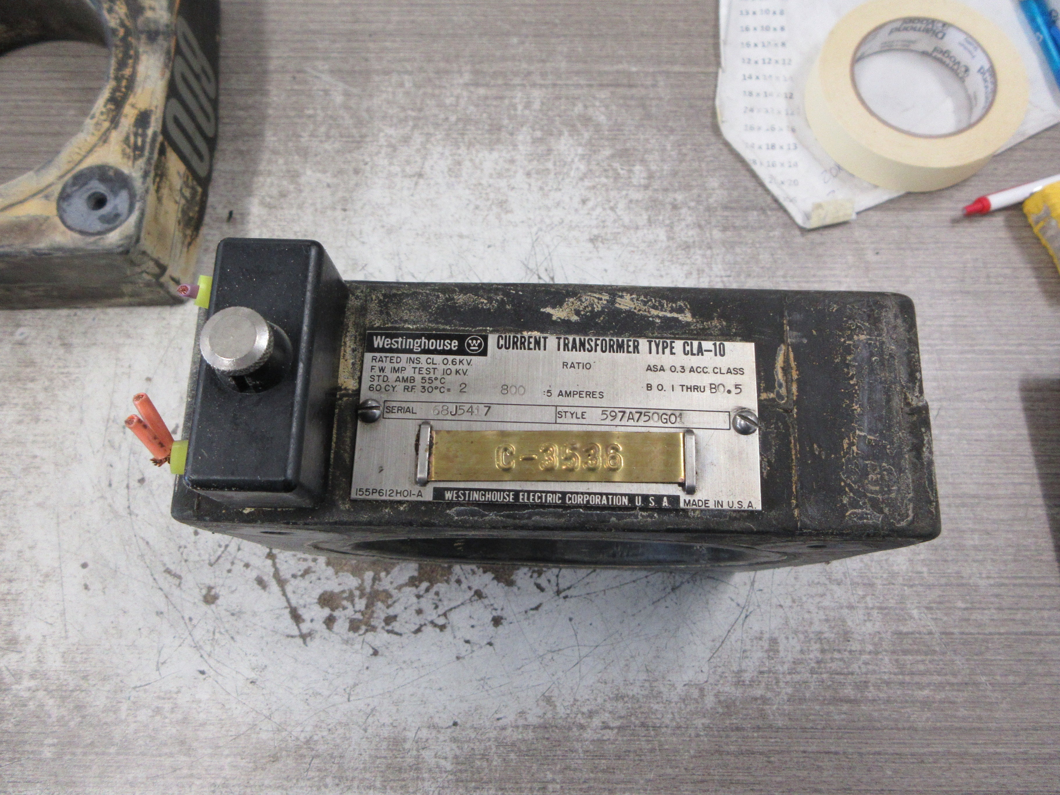 Westinghouse Type CLA-10 Current Transformer 597A750G01 Ratio 800:5A 600V Used