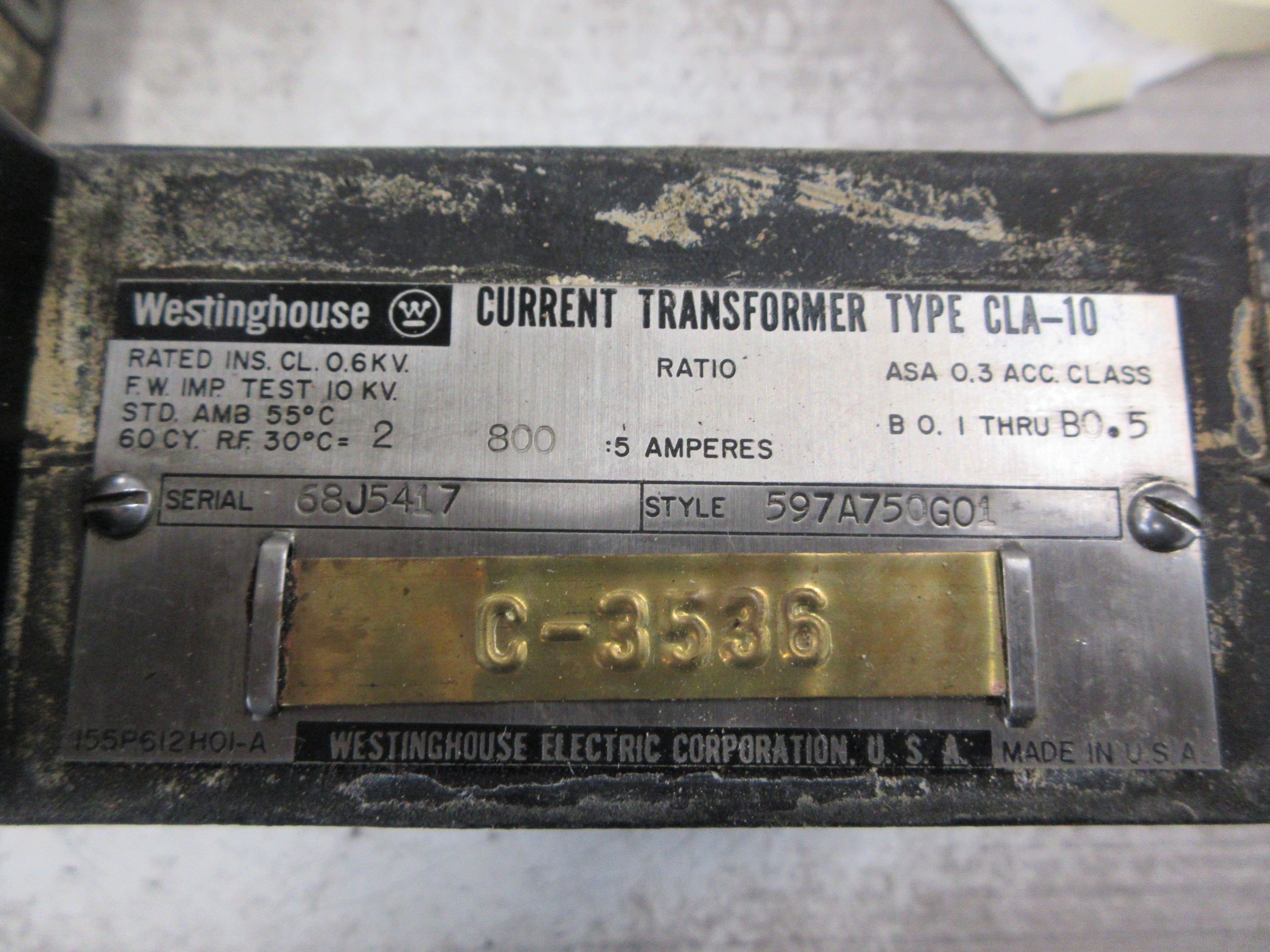 Westinghouse Type CLA-10 Current Transformer 597A750G01 Ratio 800:5A 600V Used