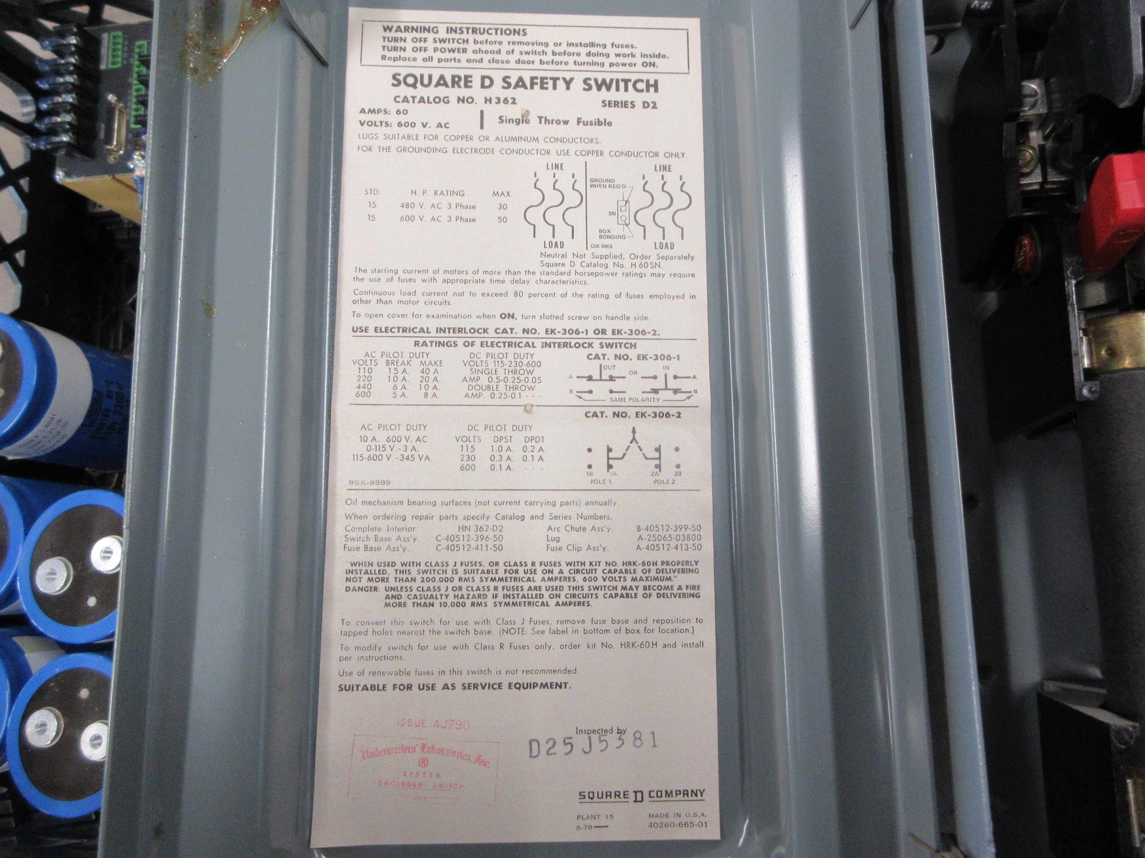 Square D Fusible Safety Switch H362 Ser. D2 60A 600V 3P Used