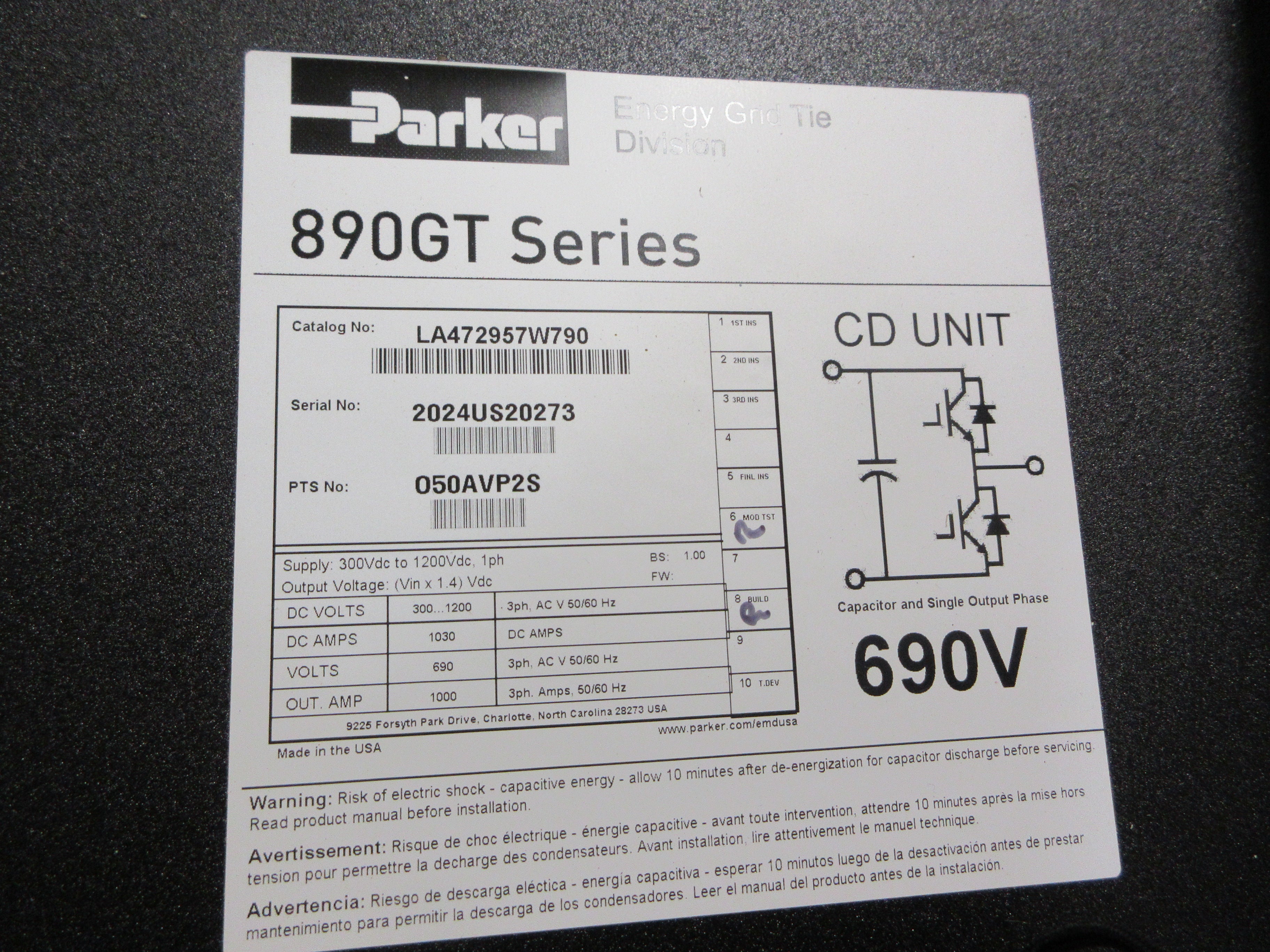 Parker 890GT Phase Module LA472957W790 Supply: 300-1200VDC New Surplus