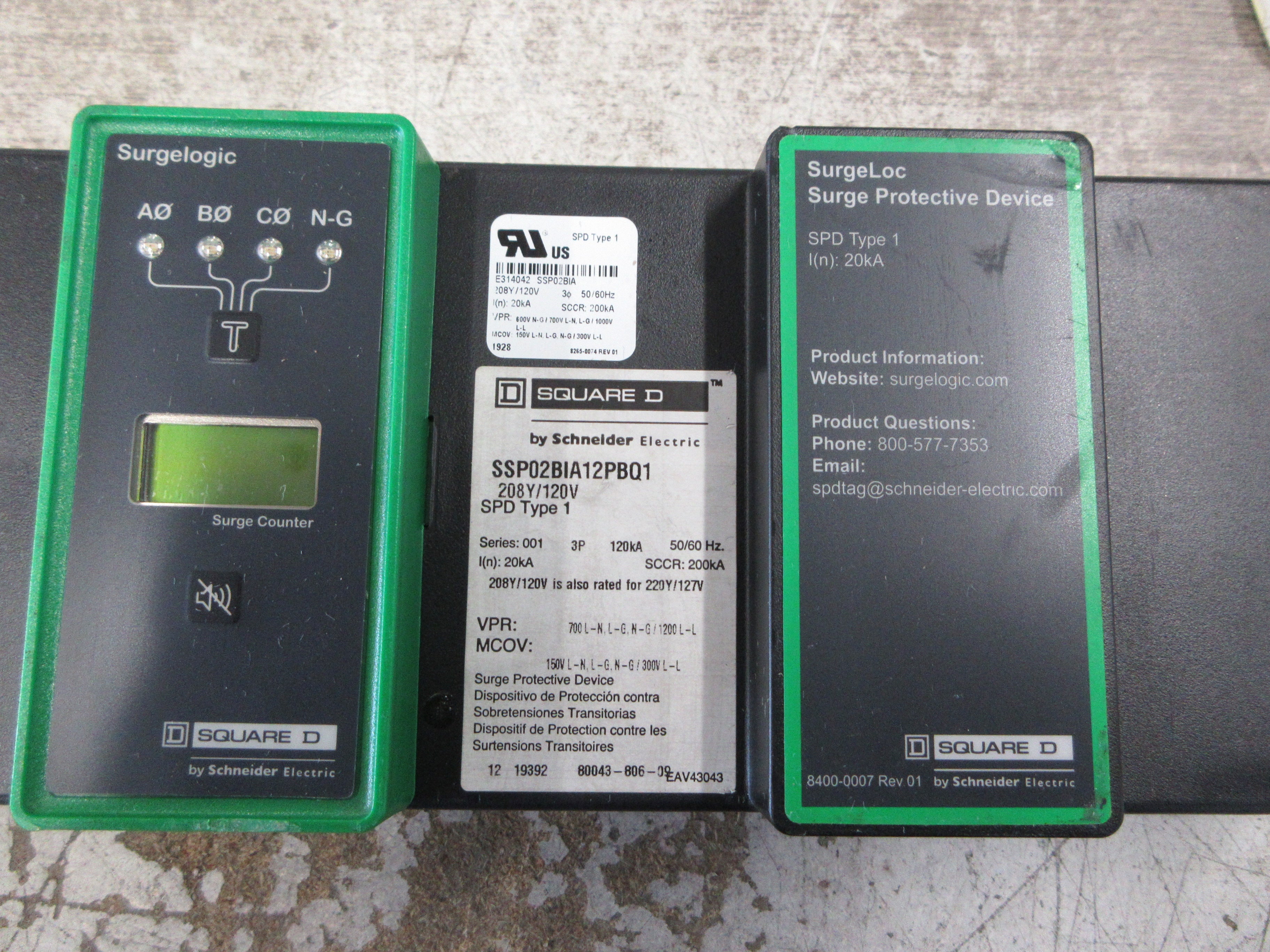 Square D SurgeLoc Surge Protective Device SSP02BIA12PBQ1 208Y/120V 50/60Hz VPR: 700 L-N, L-G, N-G/1200L-L MCOV: 150V L-N, L-G, N-G/300V L-L Used