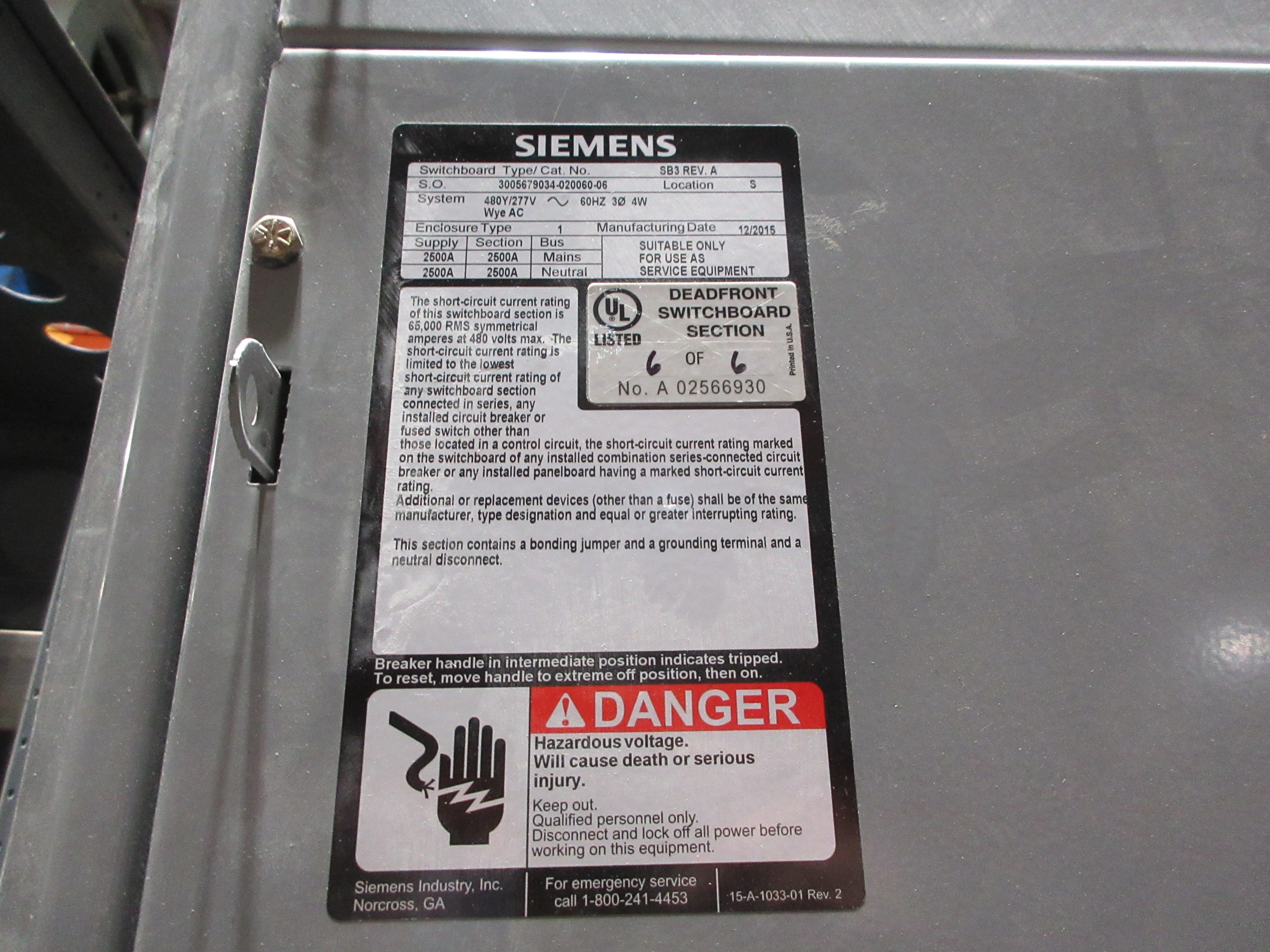 Siemens Meter Stack SB3 Rev. A 480Y/277V 60Hz 3Ph 4W 2500A 14-Position Used