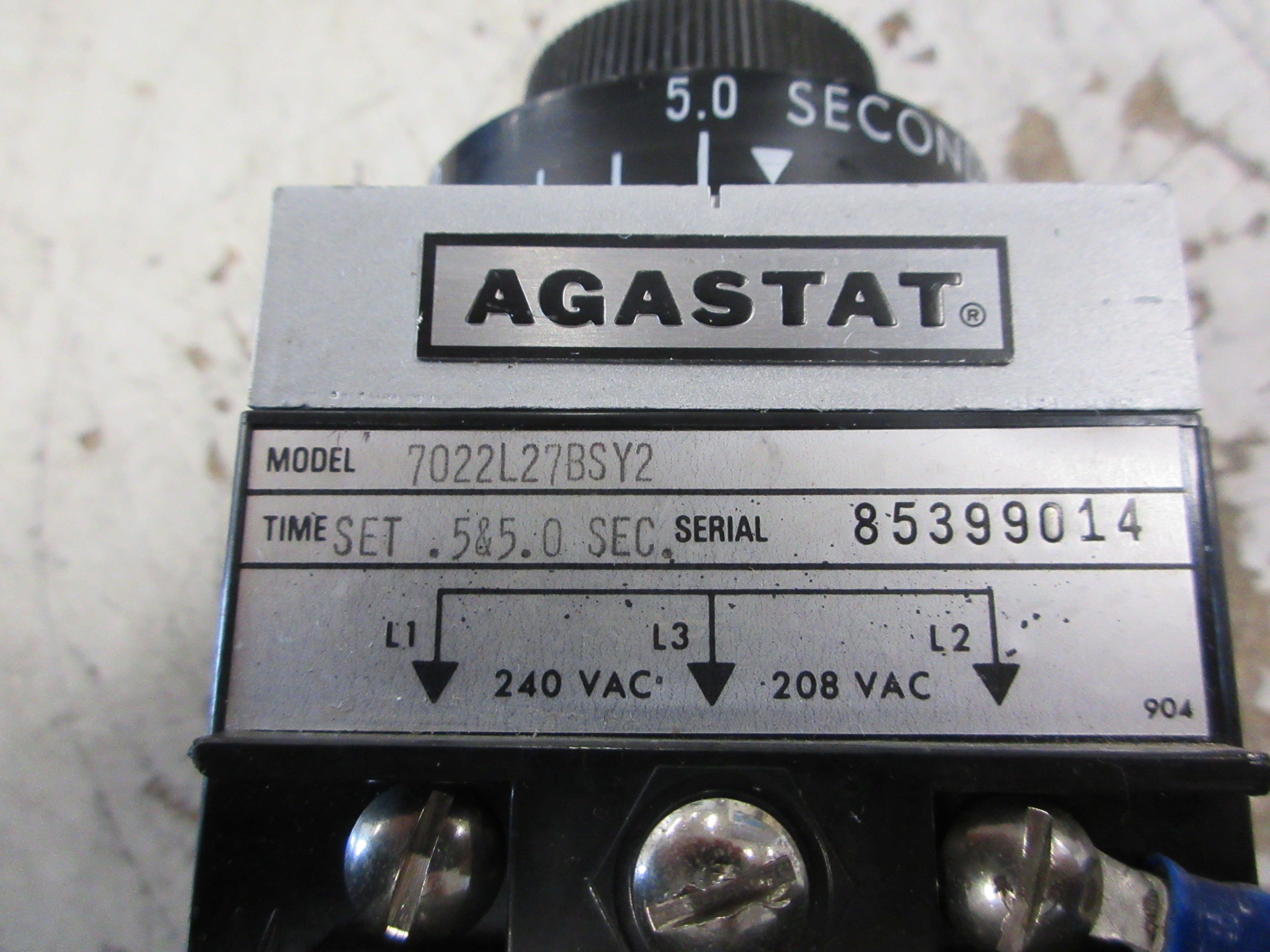 Agastat Timer 7022L27BSY2 Time: Set 0.5 & 5.0Sec 208-240V Coil Used