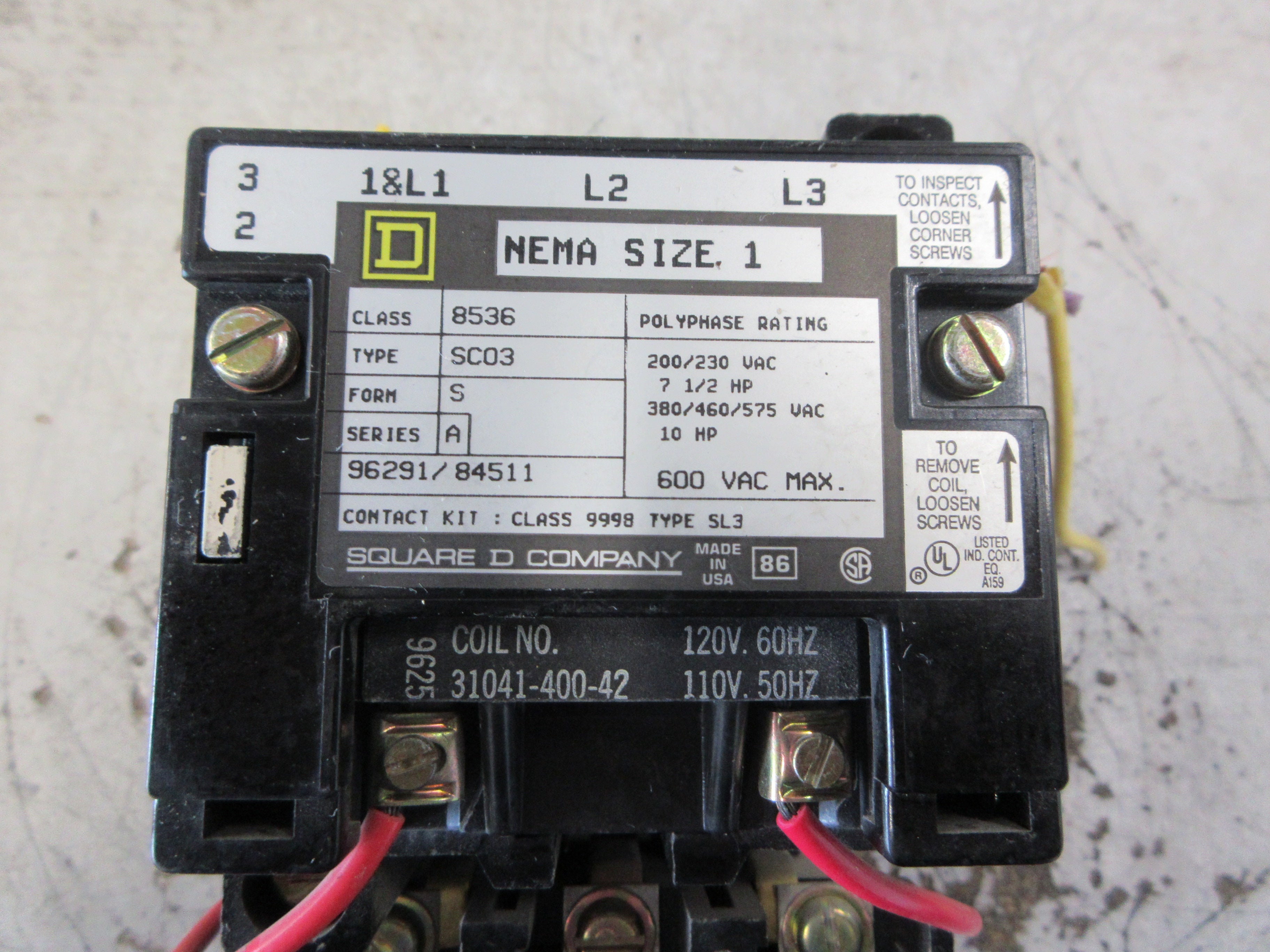 Square D Size 1 Starter 8536 SCO3 S Ser. A 120V Coil Used