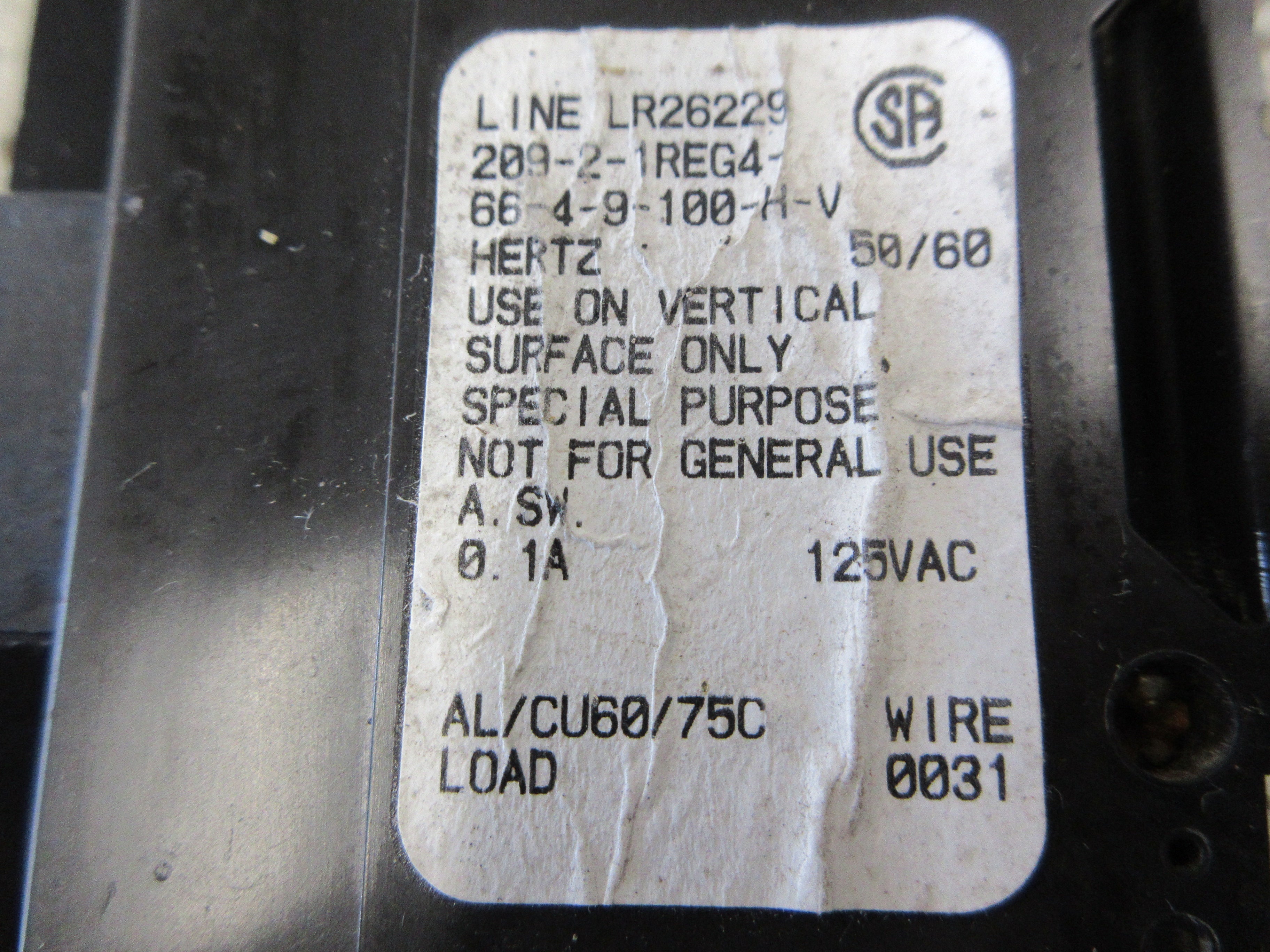 Airpax Circuit Breaker 209-2-1REG4-66-4-9-100-H-V 100A 240V 2P Used