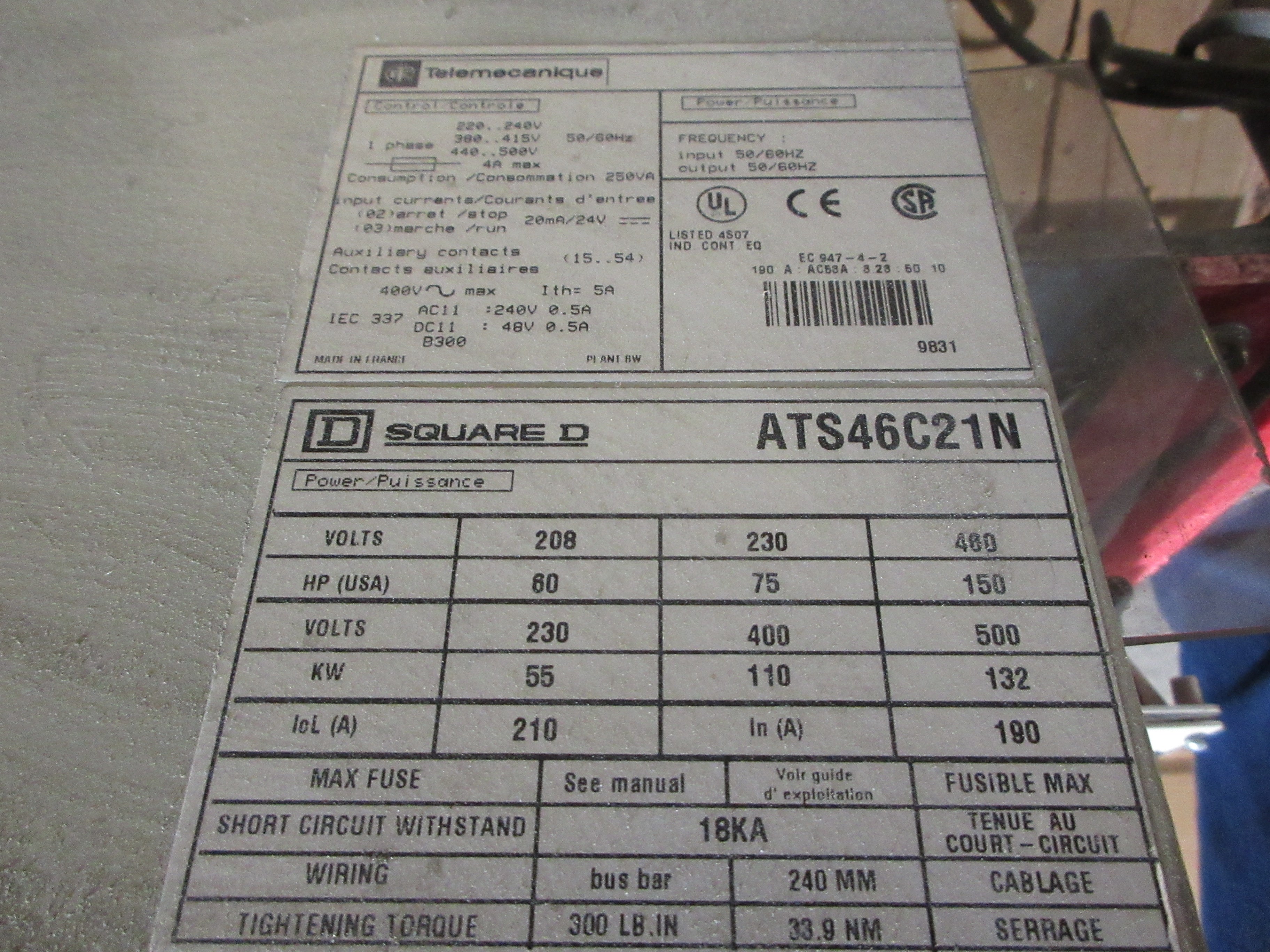 Square D Altivar 46 Soft Start ATS46C21N 150HP 460V 190A 50/60Hz Used