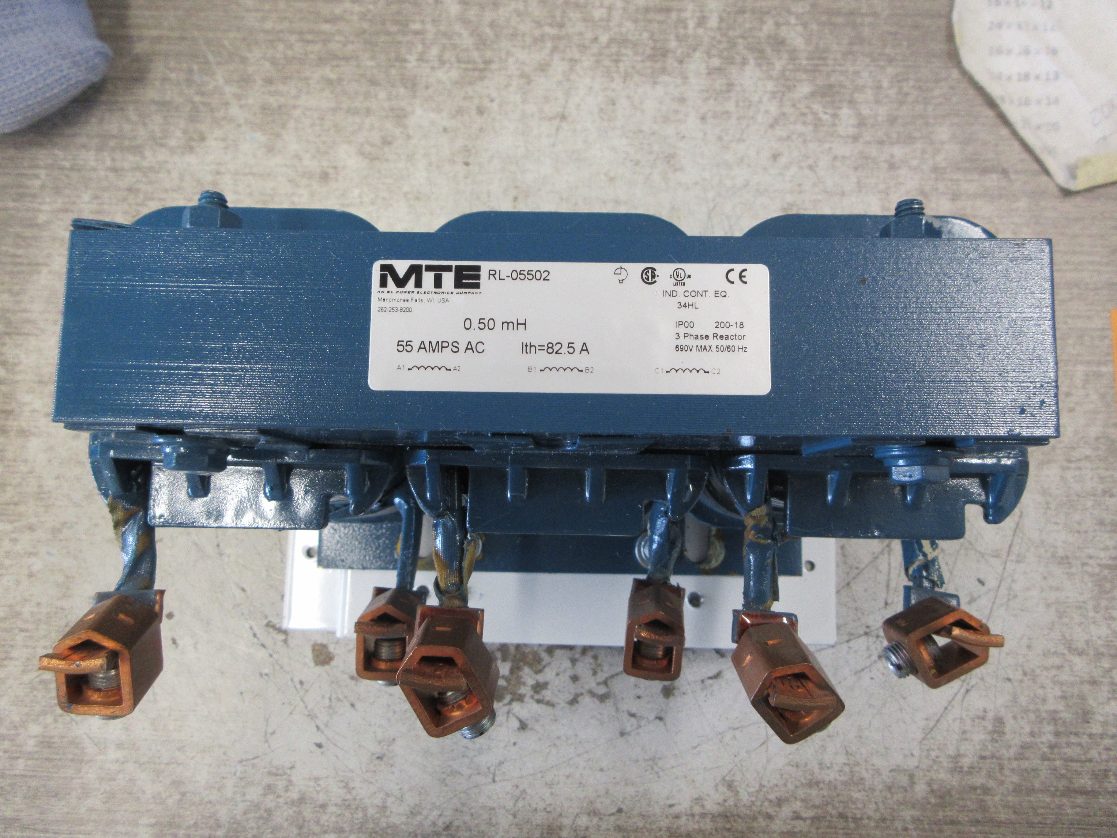 MTE 3Ph Line Reactor RL-05502 55A 0.50mH 690V 50/60Hz W/Mounting Plate Used