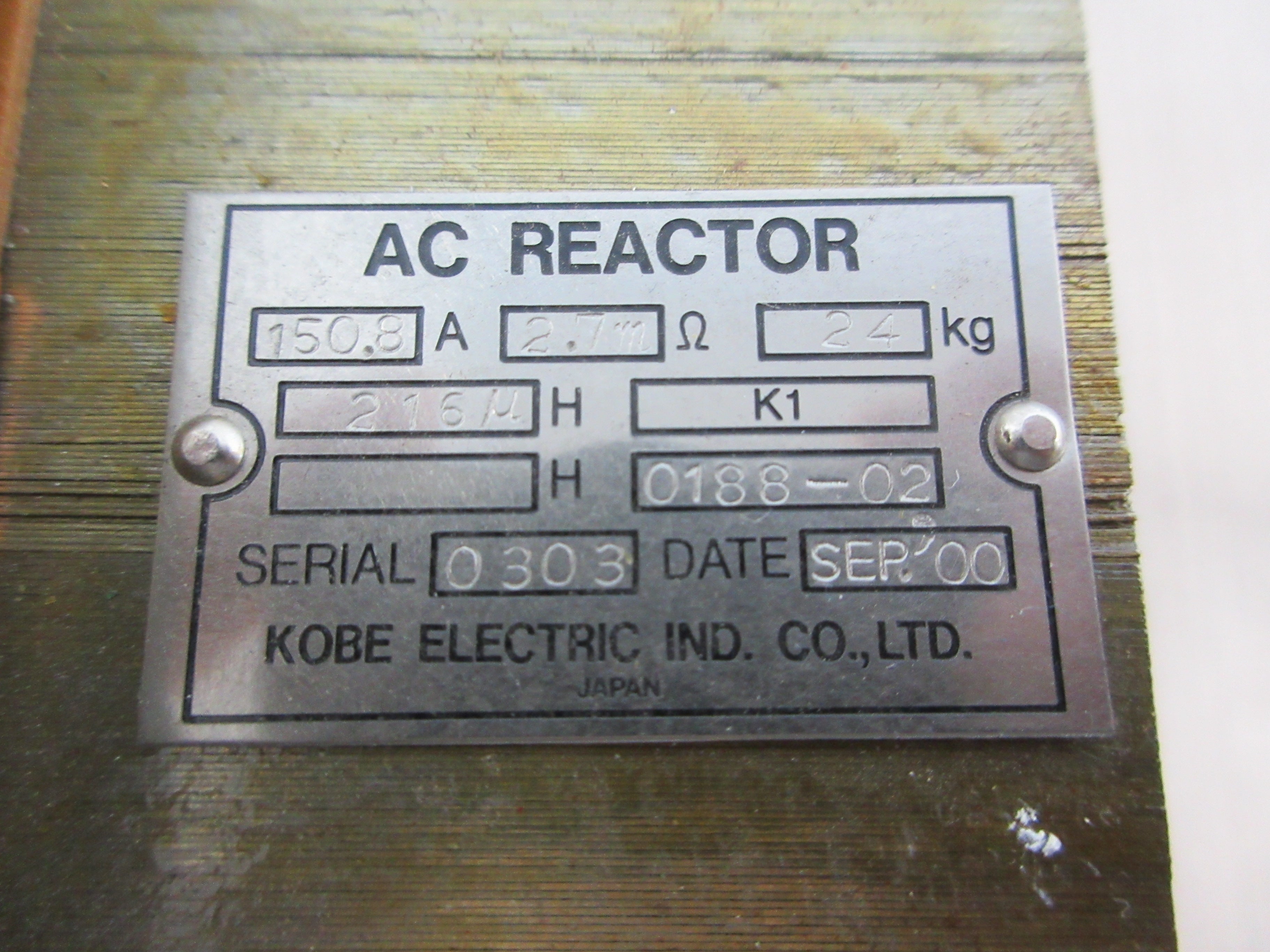 Kobe Electric AC Line Reactor 0188-02 150.8A 2.7m ohms 216uH Used