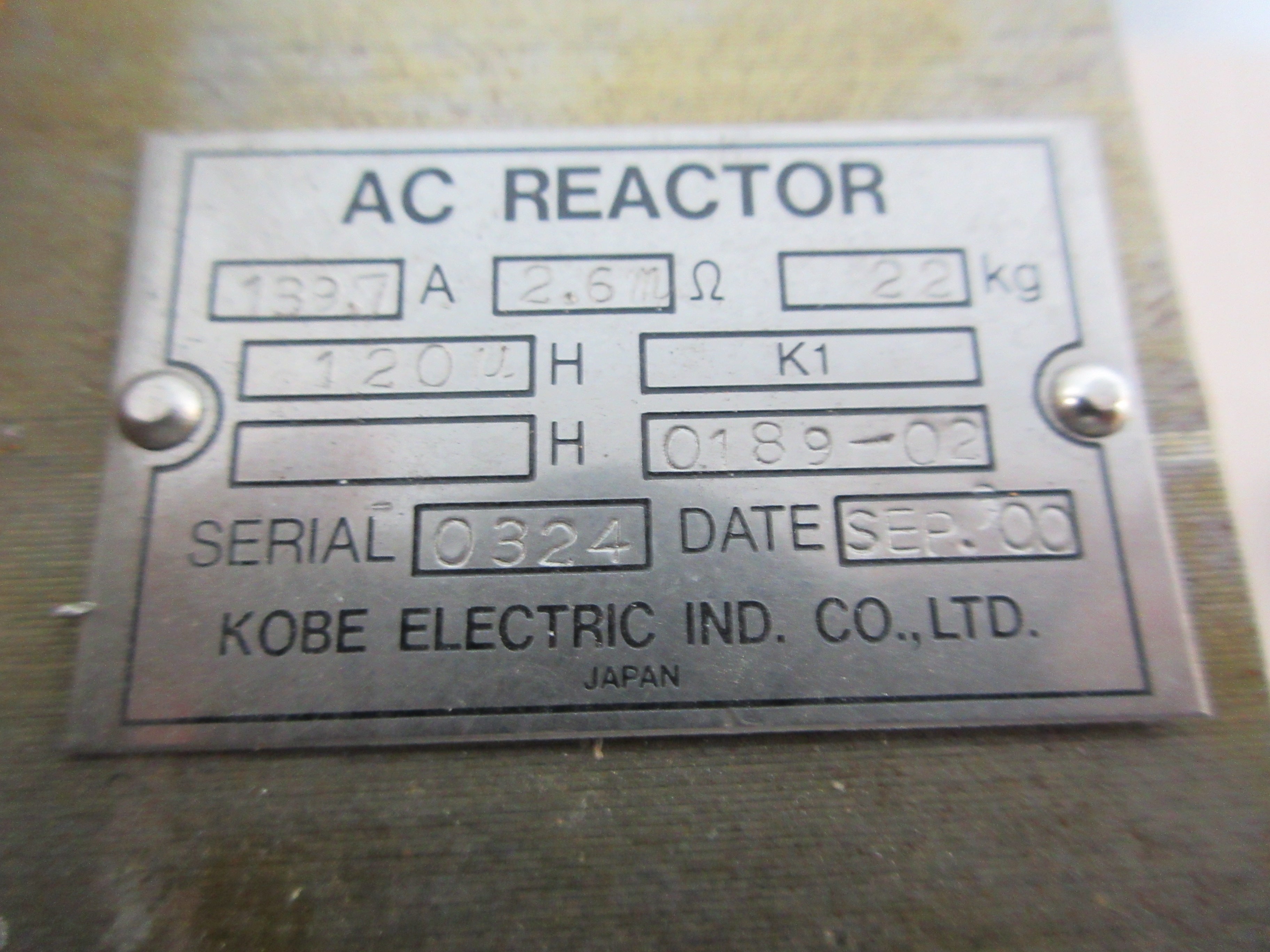 Kobe Electric AC Line Reactor 0189-02 120mH 139.7A 2.6m ohms Used