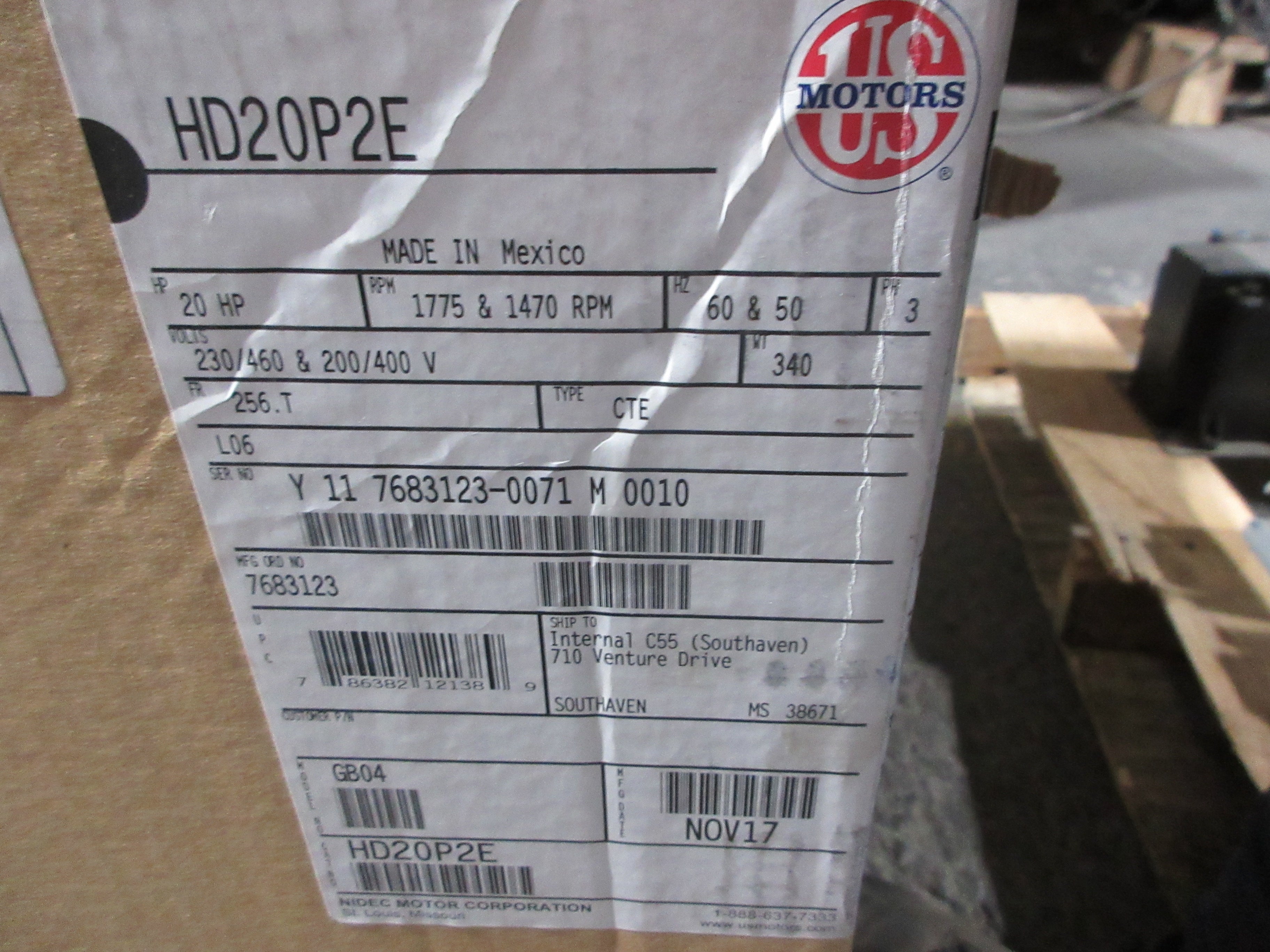 US Motors Motor HD20P2E 20HP 230-460/200-400V 1775/1470RPM 3Ph New Surplus