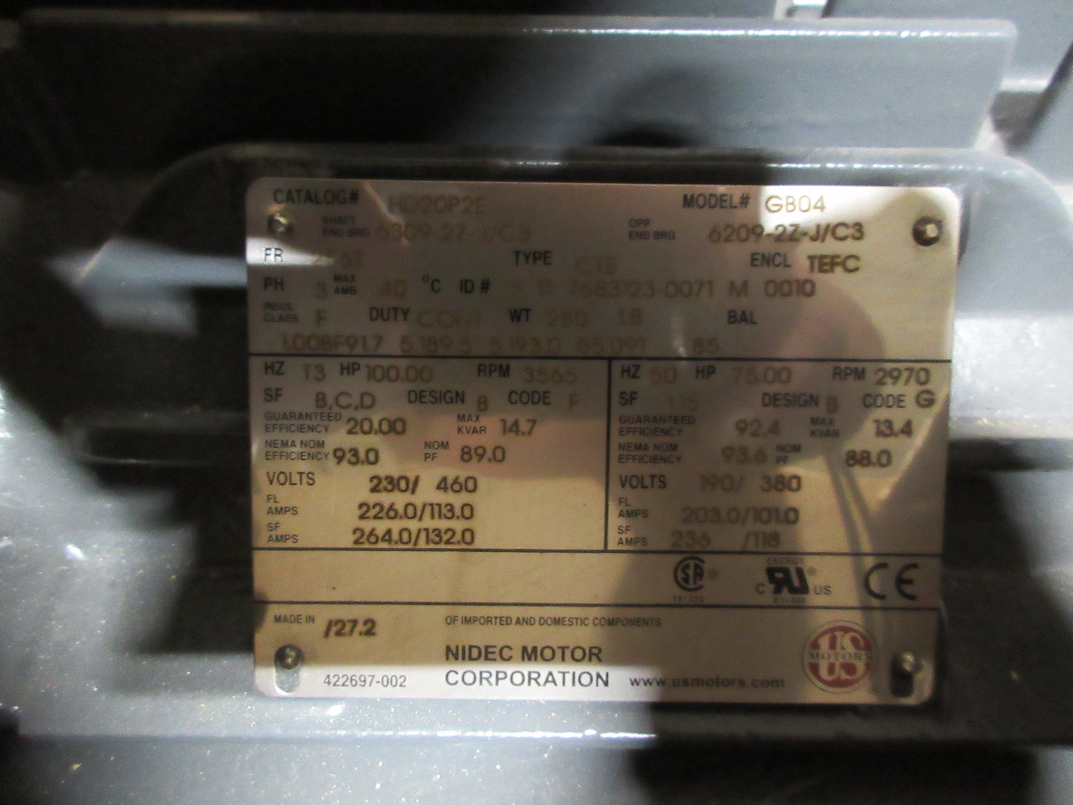 US Motors Motor HD20P2E 20HP 230-460/200-400V 1775/1470RPM 3Ph New Surplus