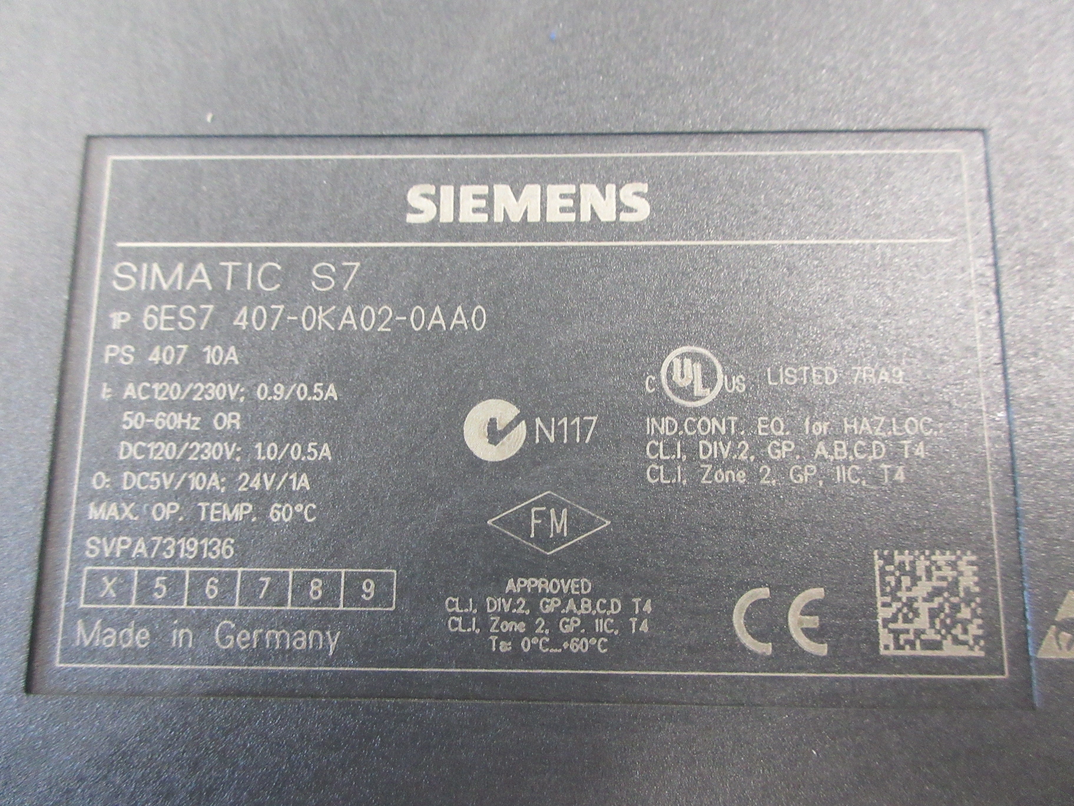 Siemens Simatic S7-400 Power Supply Module 6ES7 407-0KA02-0AA0 Used